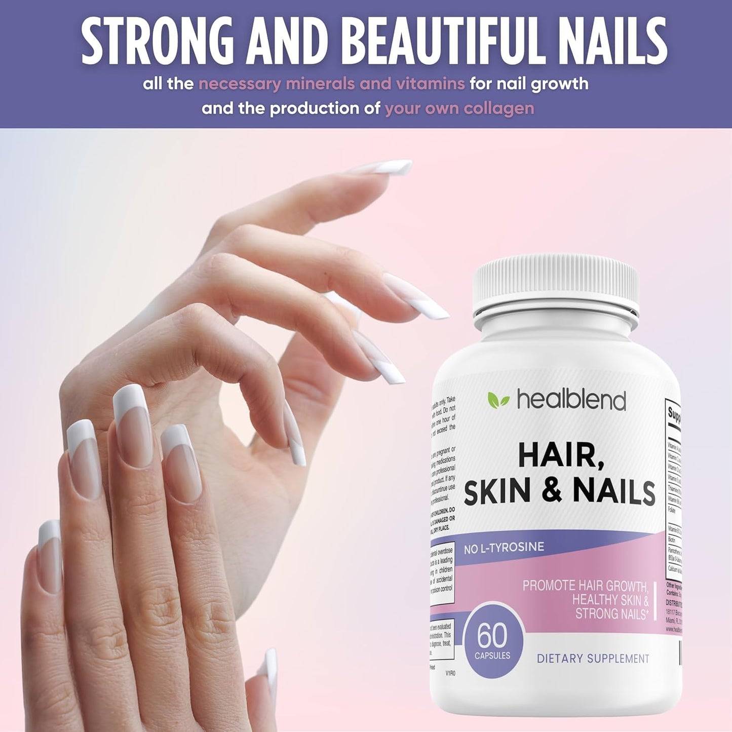 healblend Hair Skin and Nails Vitamins for Women with Biotin 5000 mcg, Iron and Manganese, Vegan, Non-GMO, 60 Capsules