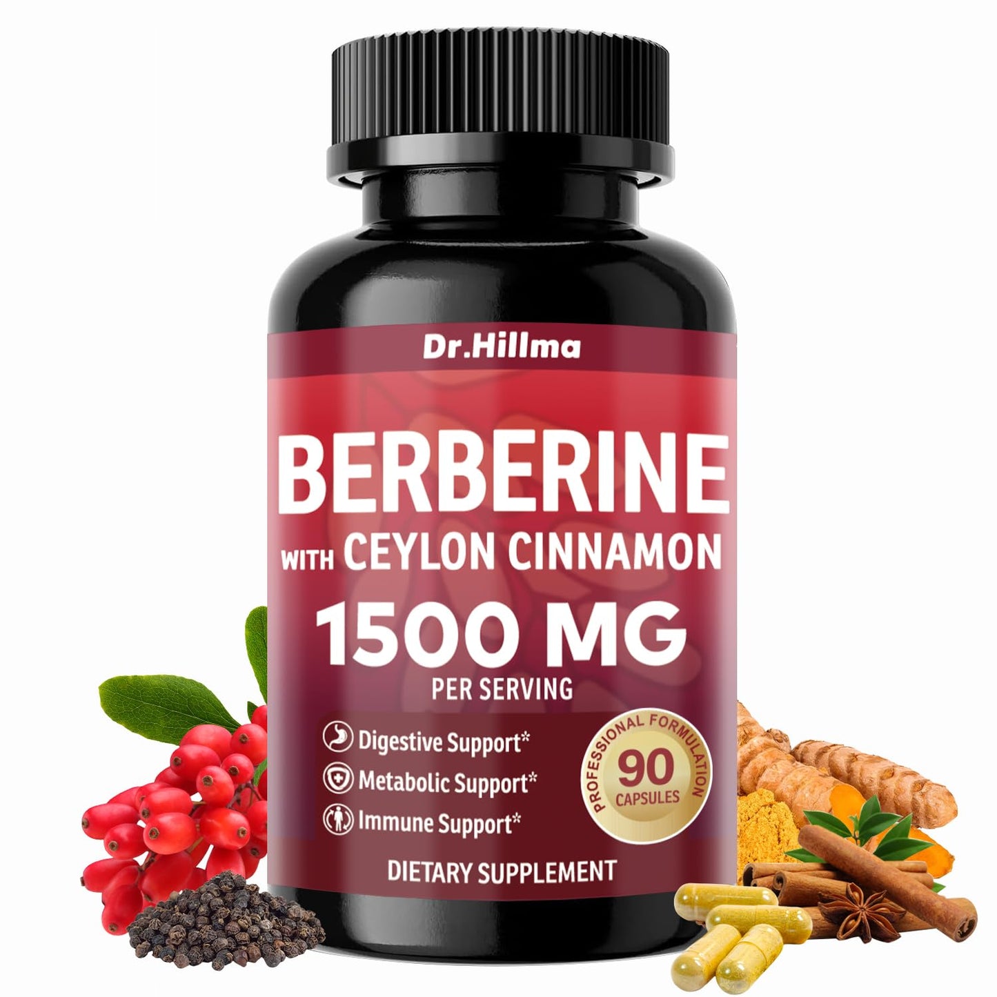 Dr.hillma Berberine Supplement 1500mg High Bioavailability Berberine HCL with Ceylon Cinnamon, 90 Capsules
