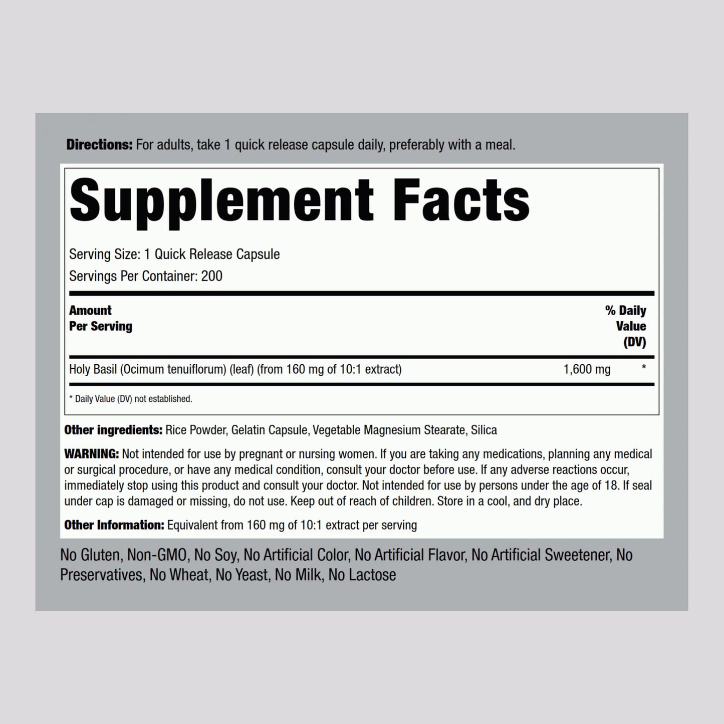 Piping Rock Holy Basil Supplement Capsules 200