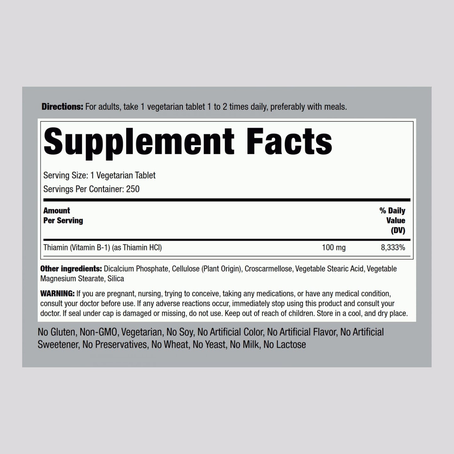 Piping Rock Vitamin B1 100mg Thiamine Supplement Tablets, 250 Count