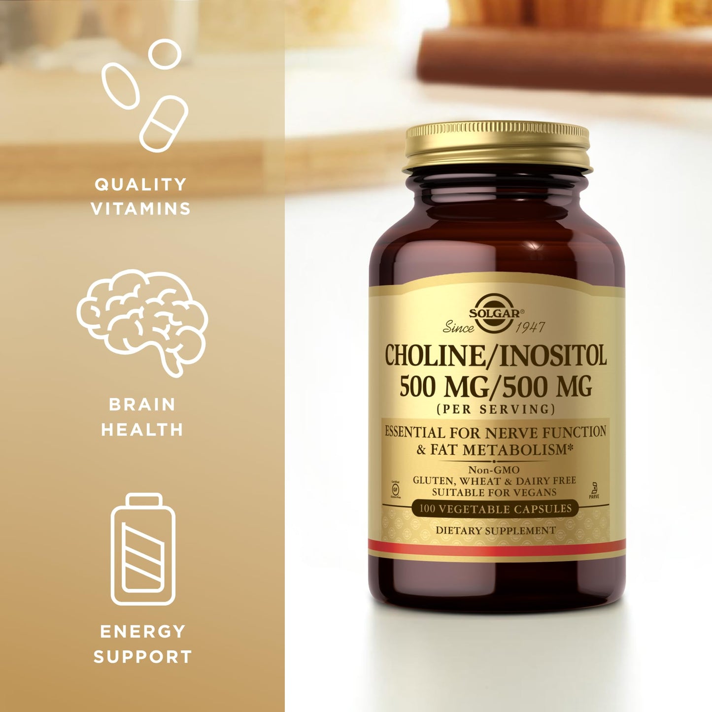 Solgar Choline/Inositol 500 mg/500 mg Vegetable Capsules, 200 Count