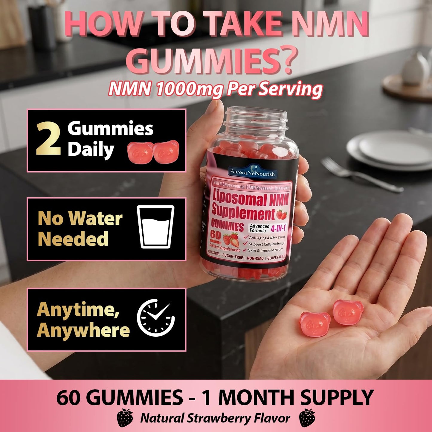 AuraraNeNourish NMN 1000mg Liposomal Gummies with Resveratrol, Quercetin & TMG NAD+ Support, 60 Count