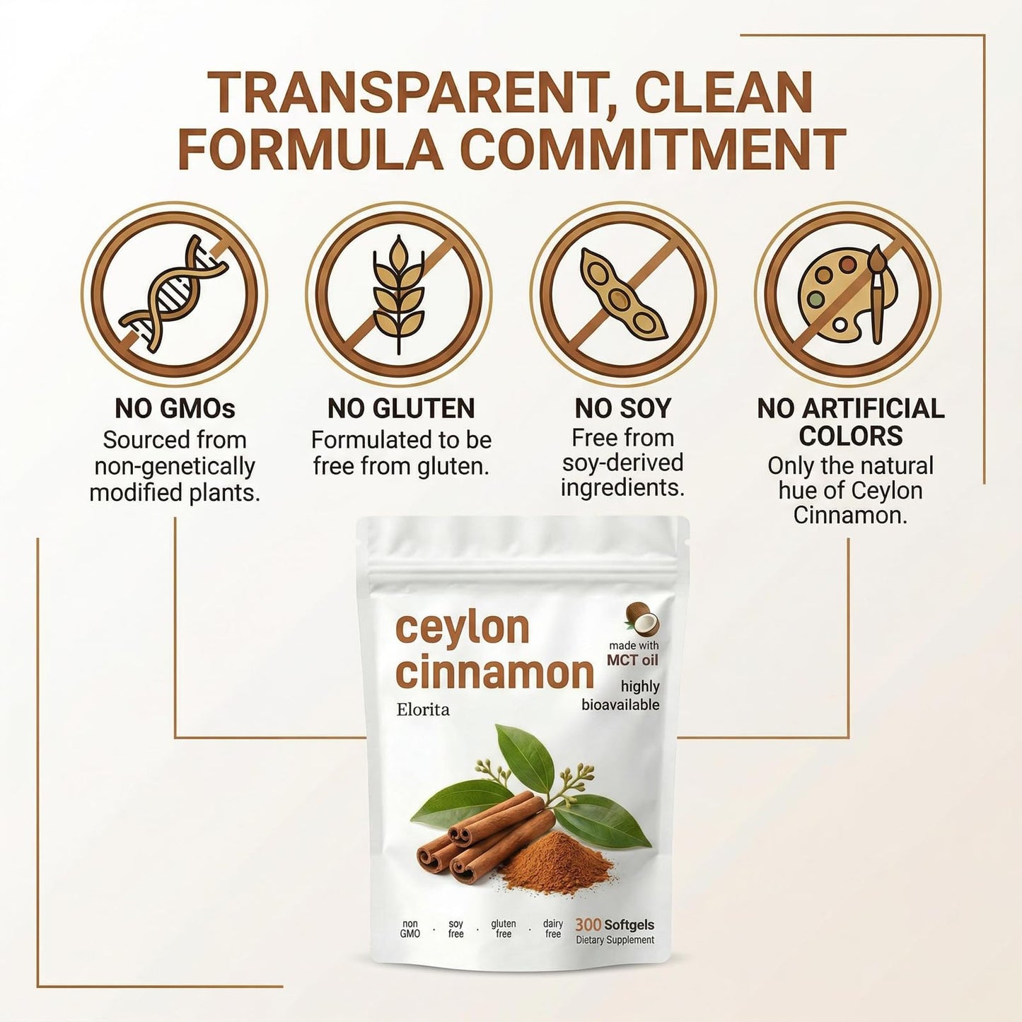 Elorita Ceylon Cinnamon Softgels with MCT Oil Capsule, Non-GMO & Gluten Free, 300 Softgels