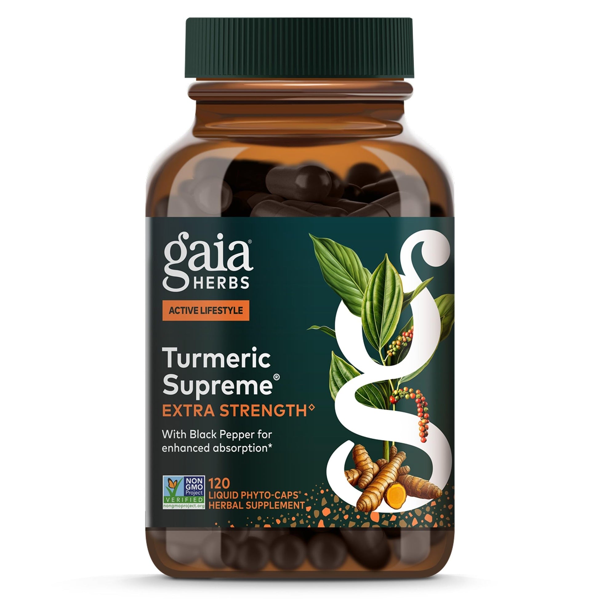 Gaia Herbs Turmeric Supreme Extra Strength 616 mg Organic Turmeric Curcumin Supplement with Black Pepper Supports Occasional Discomfort from Normal Wear & Tear, 120 Capsules