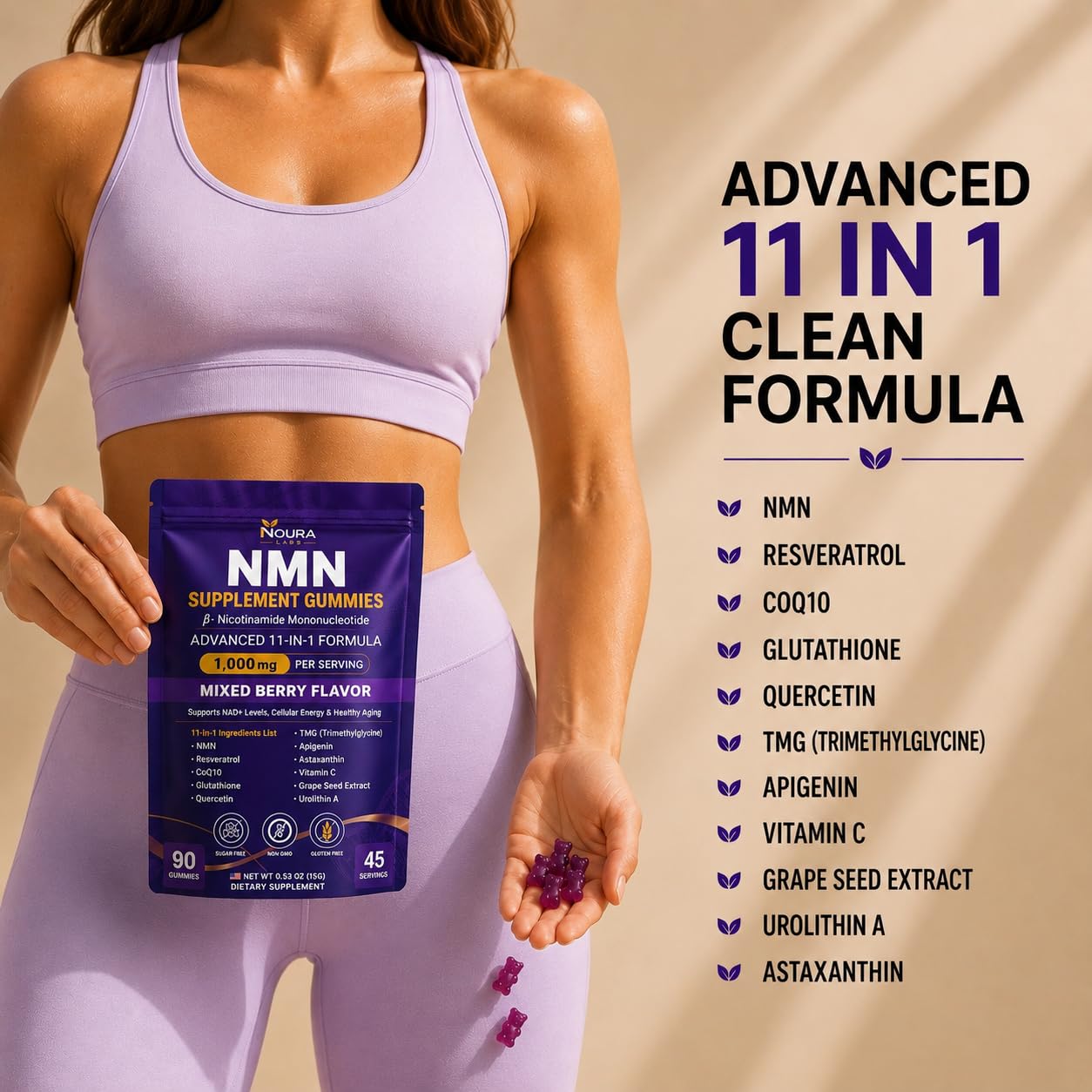Noura Labs NMN 1000mg NAD+ Supplement Gummies, Mixed Berry, 90 Count