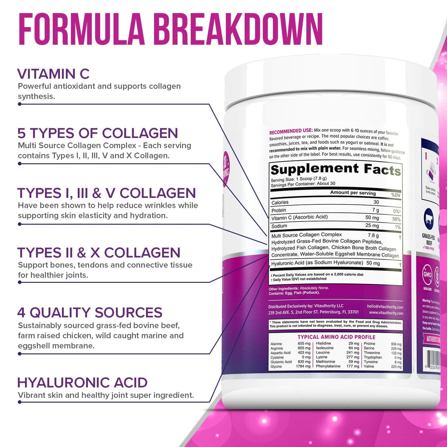 Vitauthority Multi Collagen Peptides Powder for Women, 8.26 Ounce
