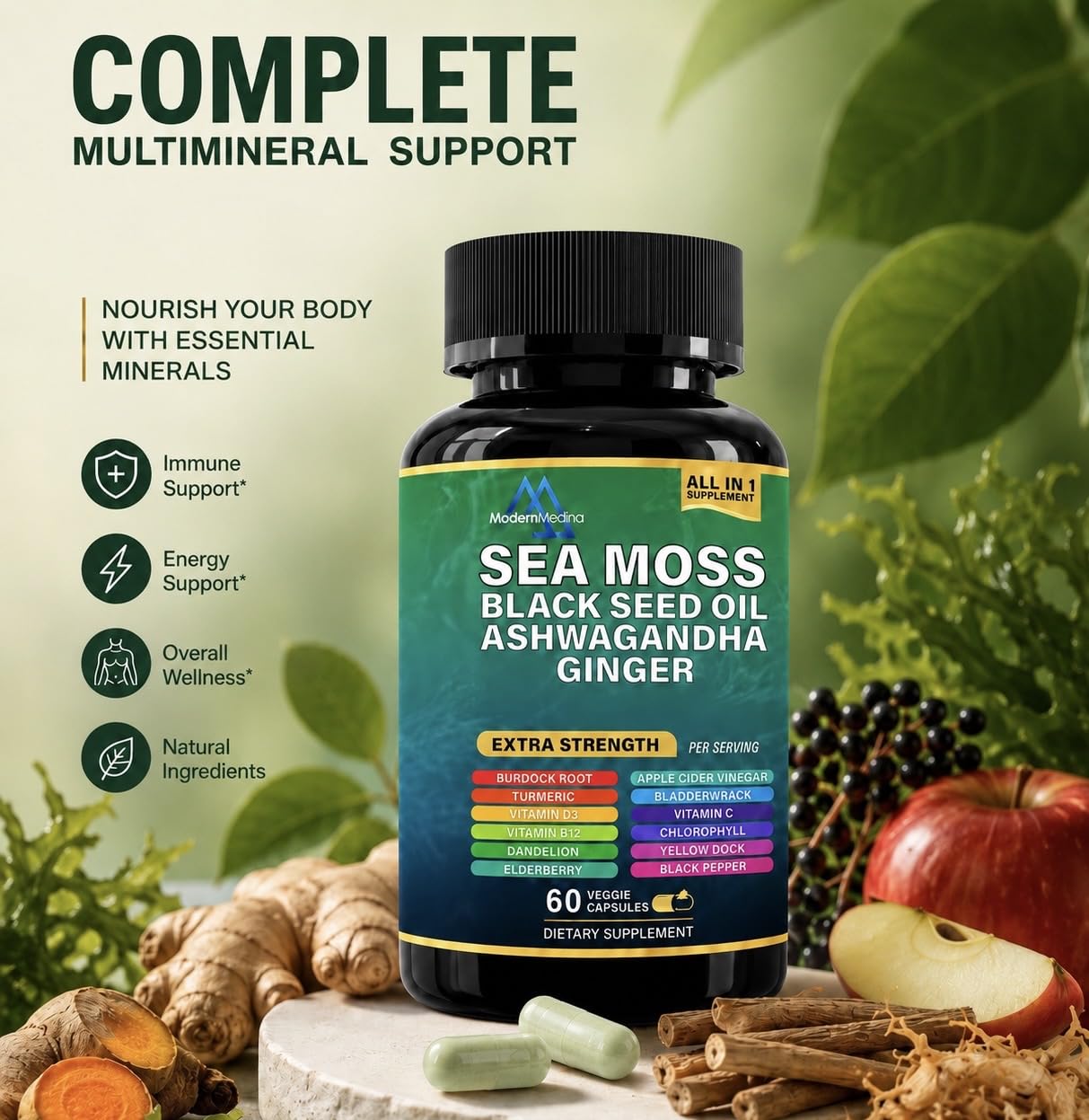 ModernMedina Sea Moss Herbal Supplement with Black Seed Oil, Ashwagandha & Ginger, 60 Capsules