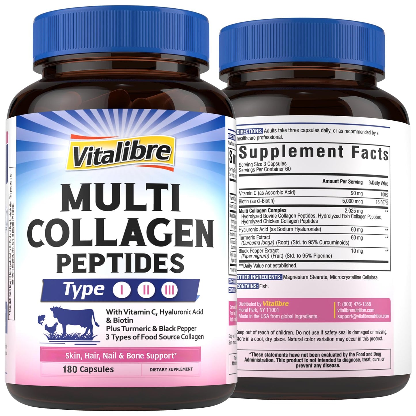 Vitalibre Multi Collagen Peptides, Hydrolyzed, Type I, II, III, Vitamin C, Biotin, Hyaluronic Acid, Turmeric & Black Pepper, Skin, Hair, Nail & Mobility Support Capsules, 180