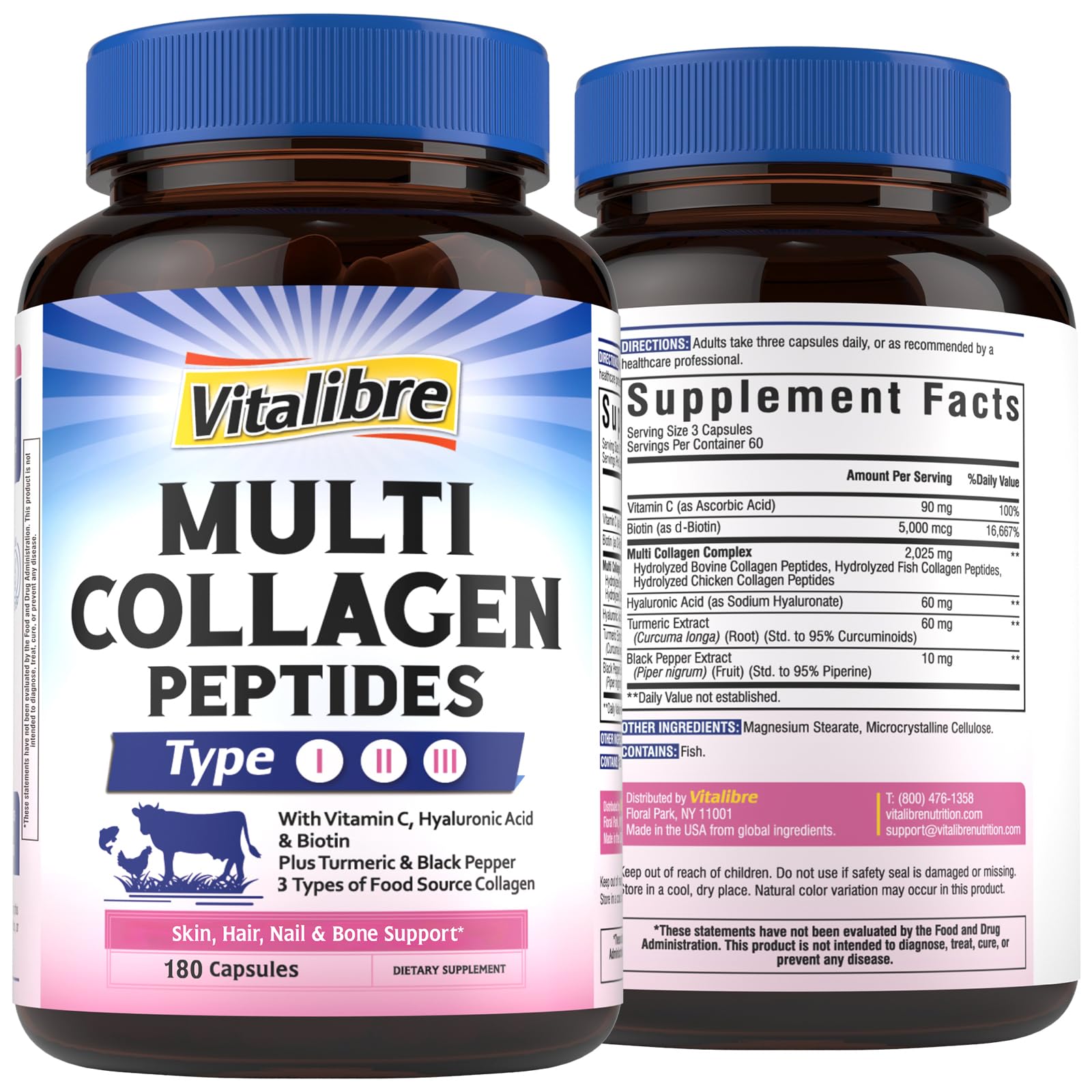 Vitalibre Multi Collagen Peptides, Hydrolyzed, Type I, II, III, Vitamin C, Biotin, Hyaluronic Acid, Turmeric & Black Pepper, Skin, Hair, Nail & Mobility Support Capsules, 180