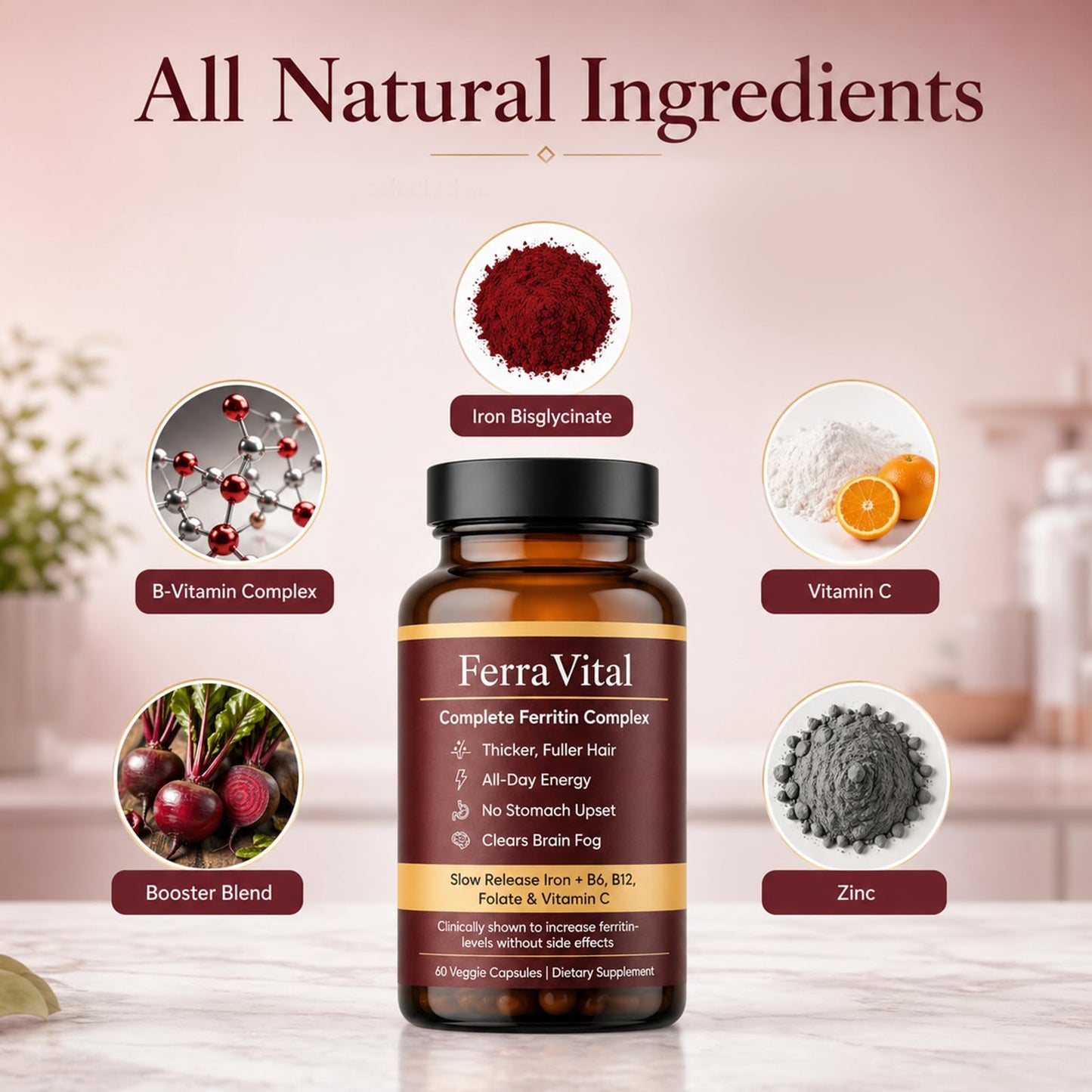 WOVOEO Ferravital Ferritin Support for Women with Ferrous Glycine, Vitamin C, B6, Zinc, B12 & Folate, Gluten Free & Non-GMO, Gentle Iron Support for Energy, 60 Capsules