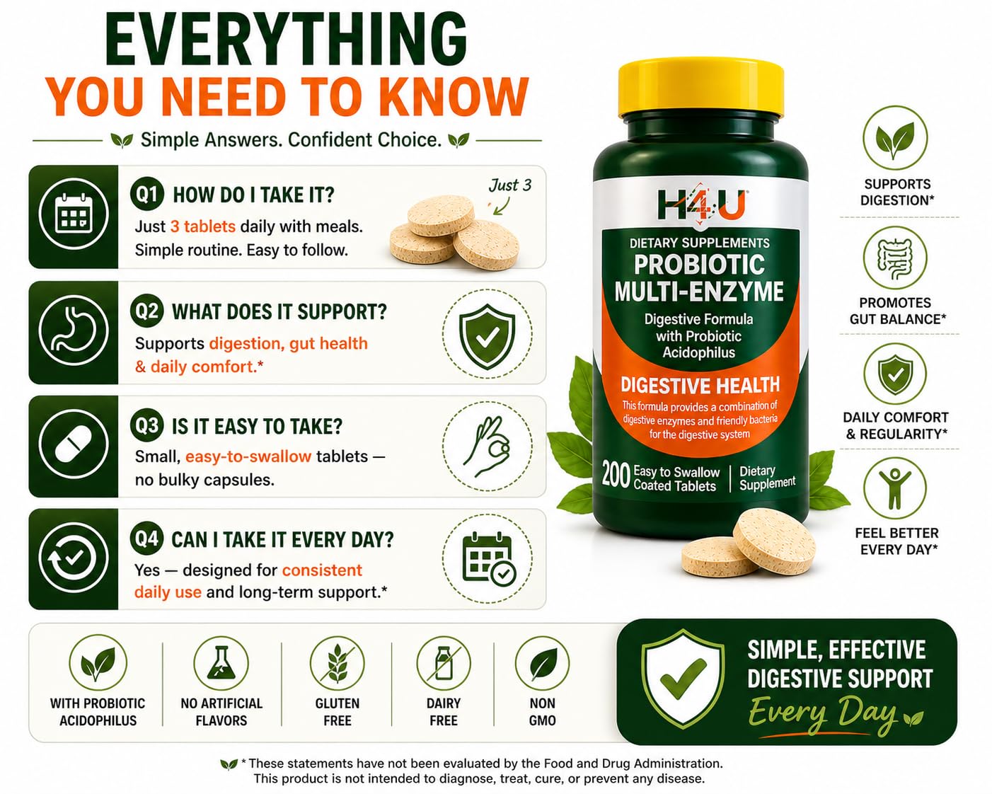 H4U Probiotic Multi Enzyme Supplement for Digestive Health 200 Tablets
