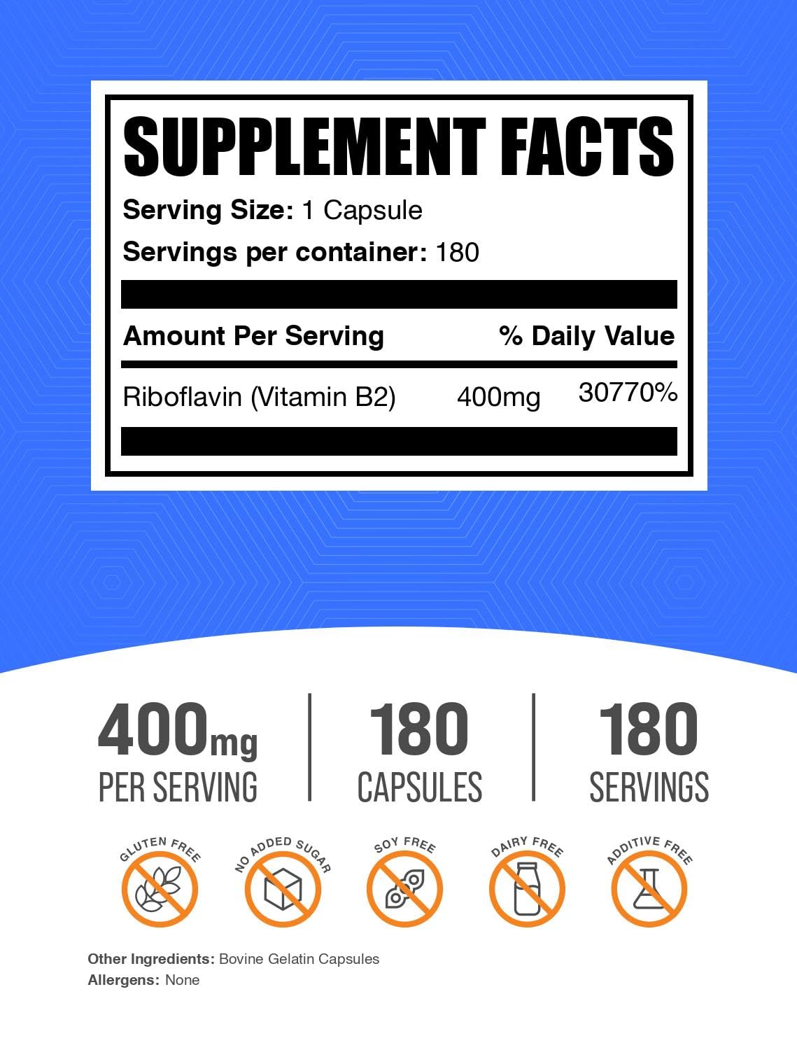 BulkSupplements Riboflavin Capsules 400 mg Vitamin B2 - 180 Capsules