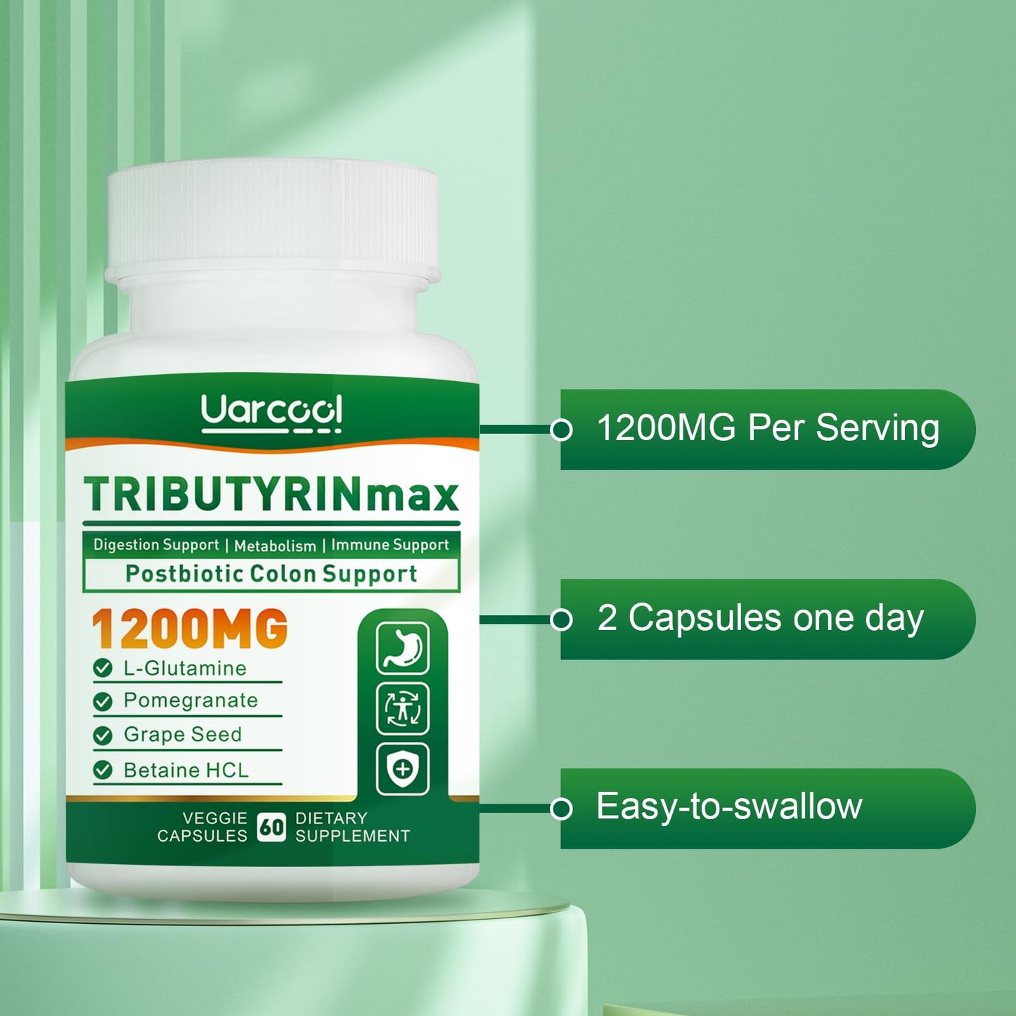 Uarcool TRIBUTYRINmax Supplement 1200mg for Gut Health Capsules, 180 Capsules