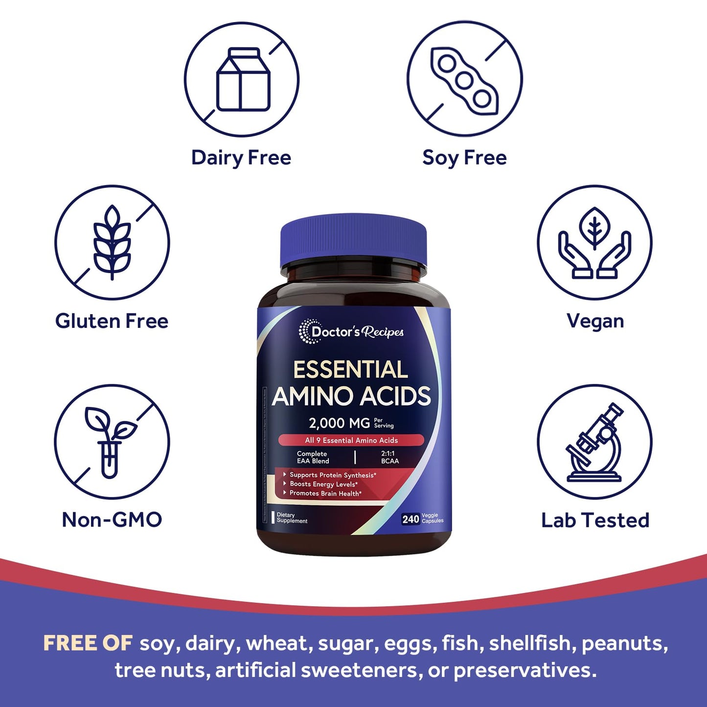 Doctor's Recipes Essential Amino Acids Supplement, All 9 Essential Amino Acids (EAA), BCAA 2:1:1, 240 Capsules