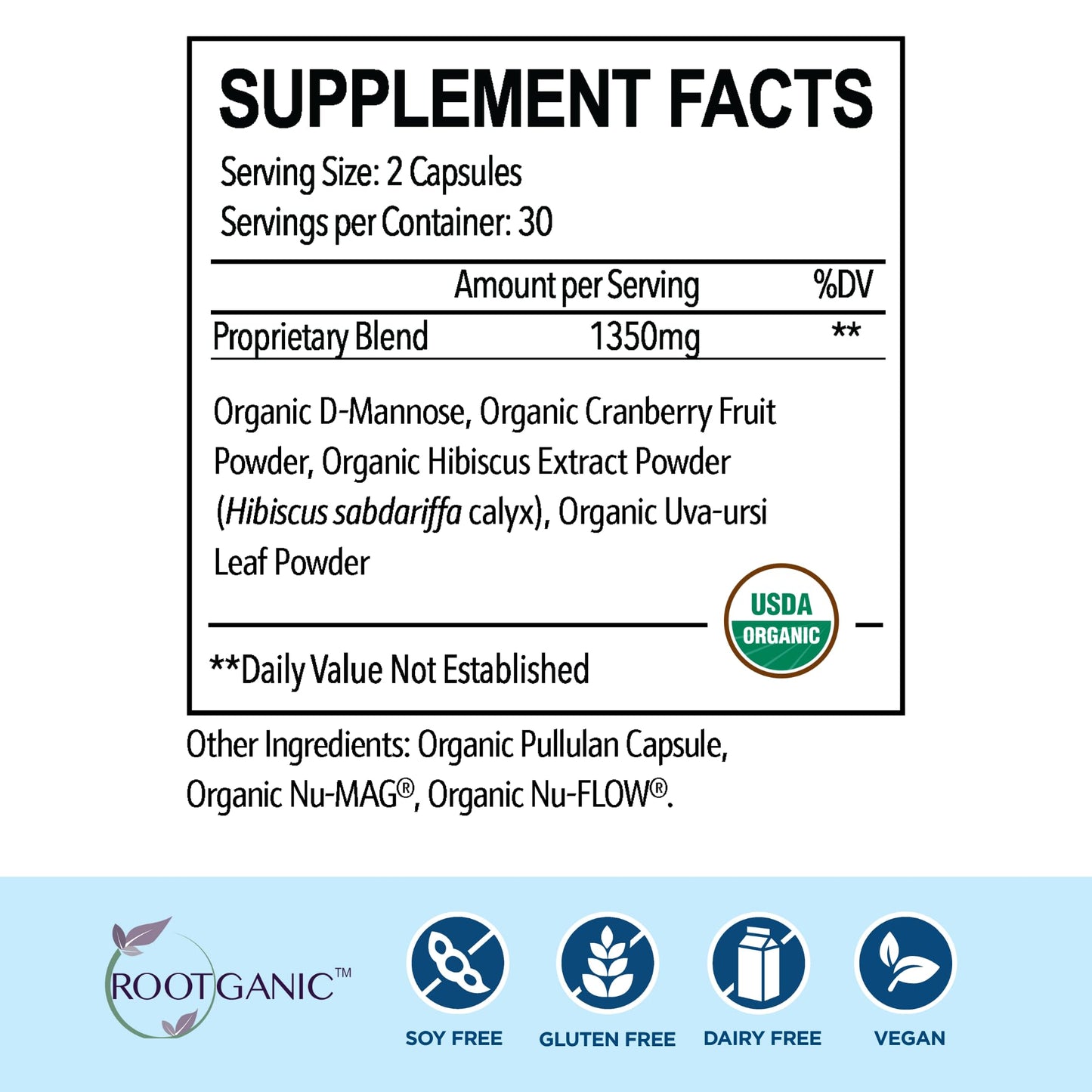 Rootganic Total Fem Ultimate Bladder Health for Women with USDA Organic D-Mannose, Cranberry Powder, Uva Ursi and Hibiscus Flower Extract Capsules, 60 Count