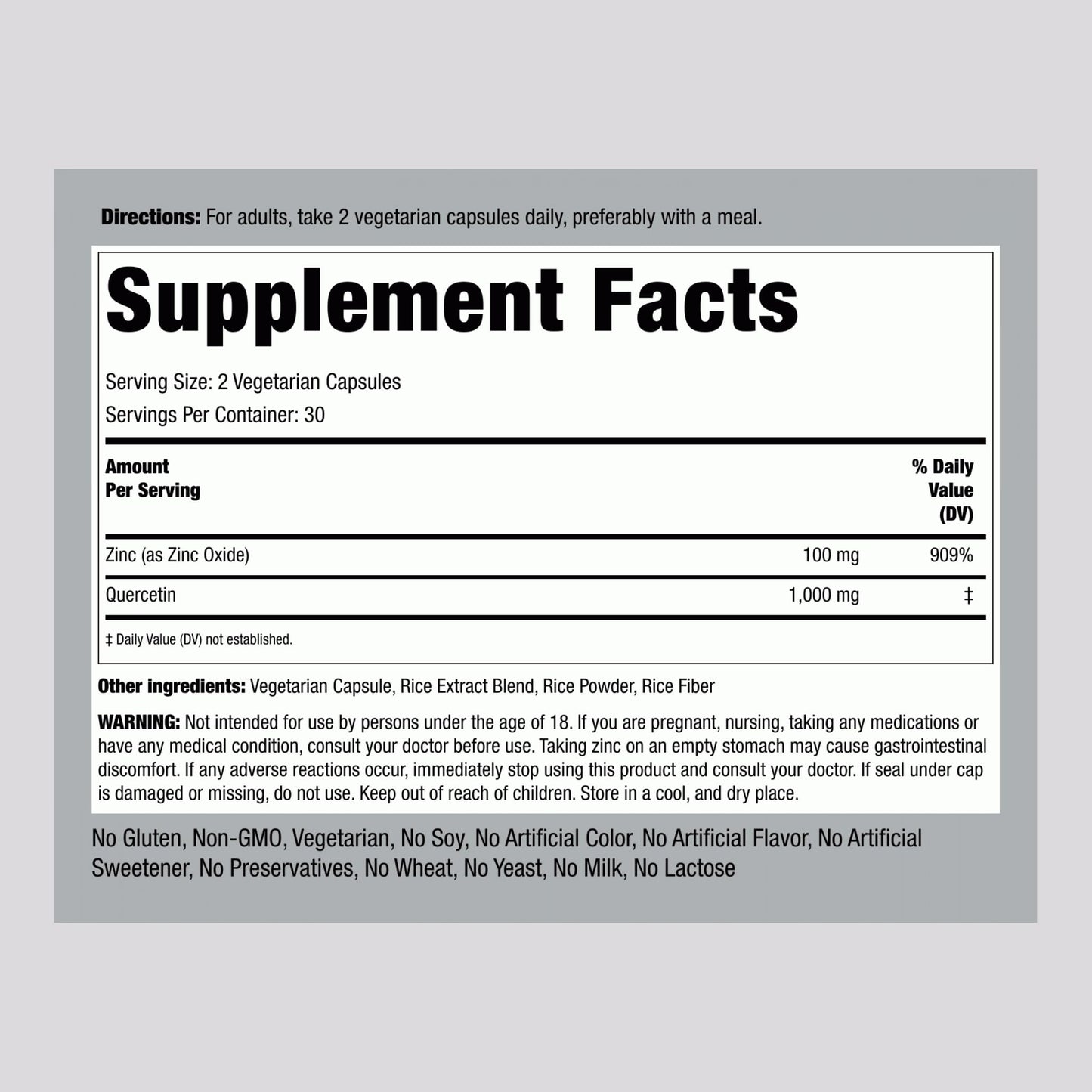 Piping Rock Quercetin Zinc Complex 1100 mg Capsules, 60 Capsules