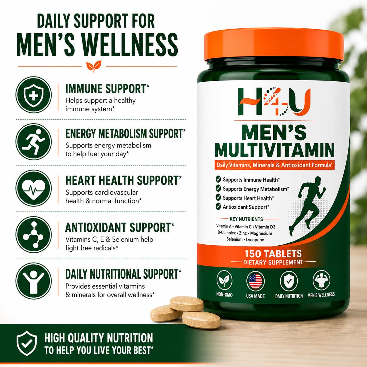 H4U Men's Multivitamin Tablets, 150 Count