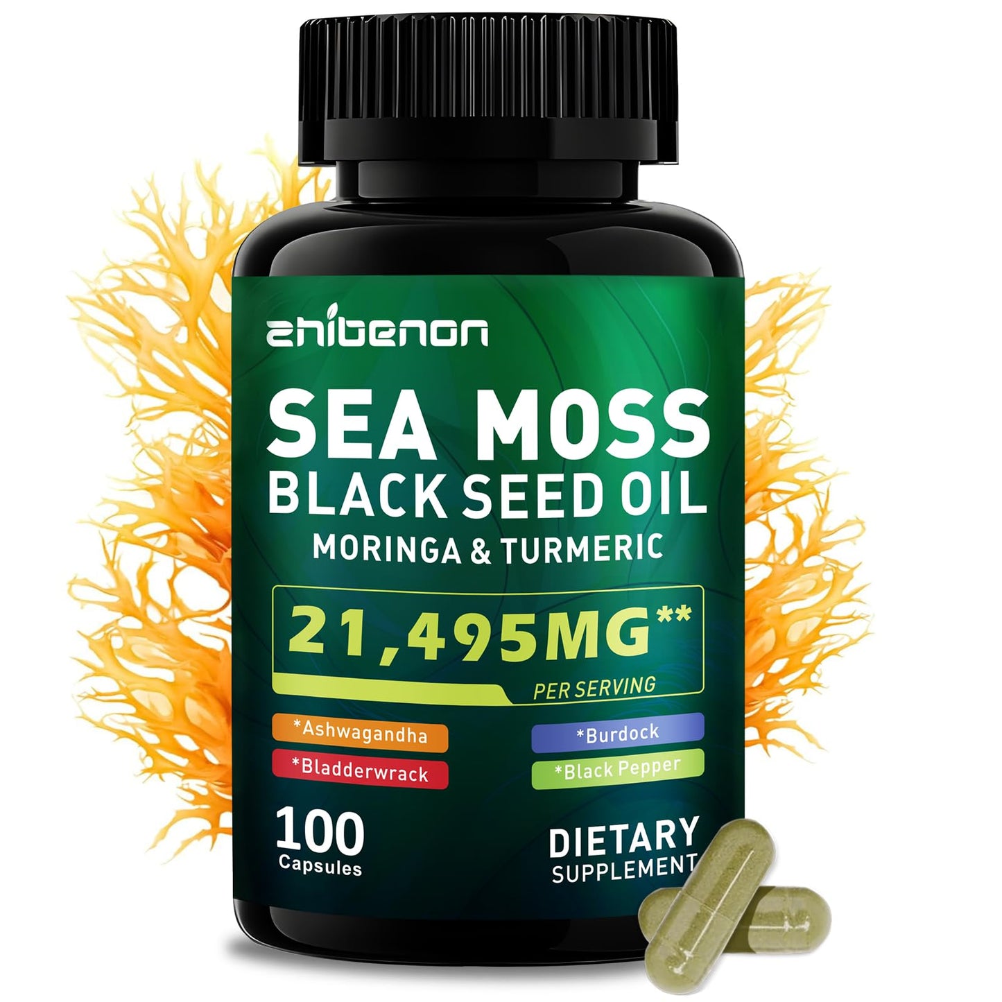 Zhibenon Sea Moss Capsules with Bladderwrack & Burdock, 100 Count