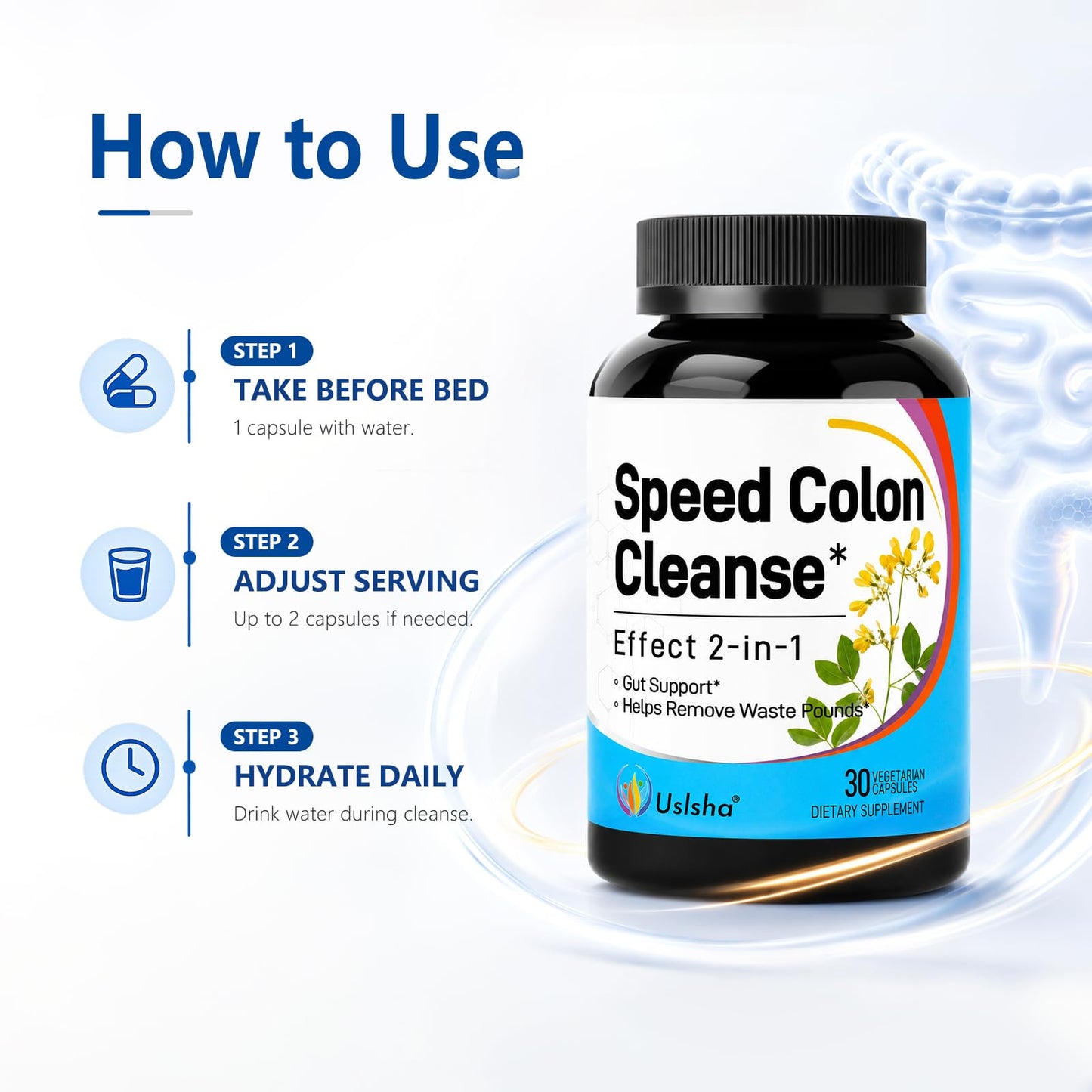 Uslsha Speed Colon Cleanse Advanced 15-Day Gut & Colon Detox Capsule, 30 Count