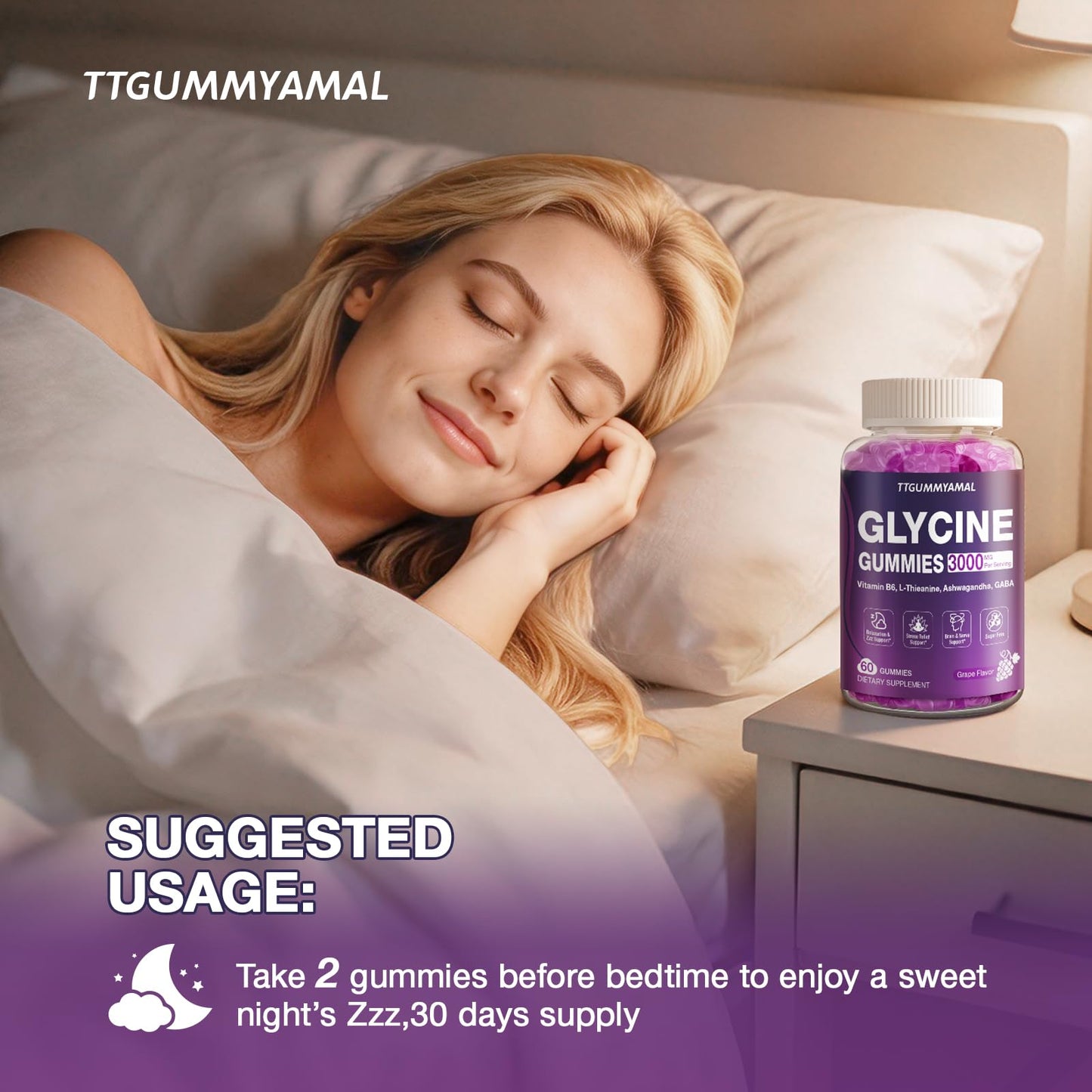 TTGUMMYAMAL Glycine Gummies, 3 g (3000 mg) Glycine Supplements for Sleep, Relax, Nerve Support, Stress Relief & Brain Health, Grape Flavor, Sugar-Free, Vegan, Non-GMO, Gluten-Free, 60 Ct