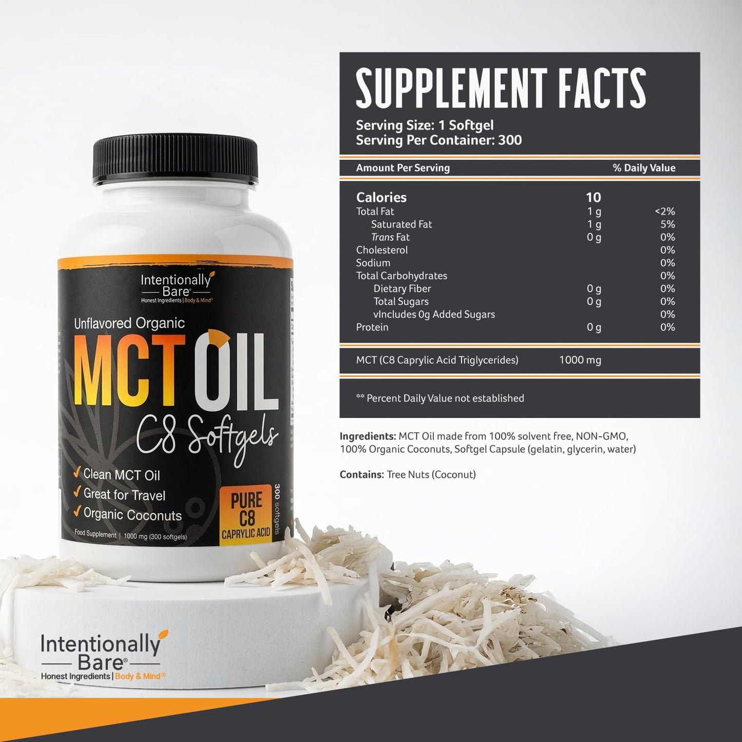 Intentionally Bare Organic Pure C8 MCT Oil Softgels 300 Count