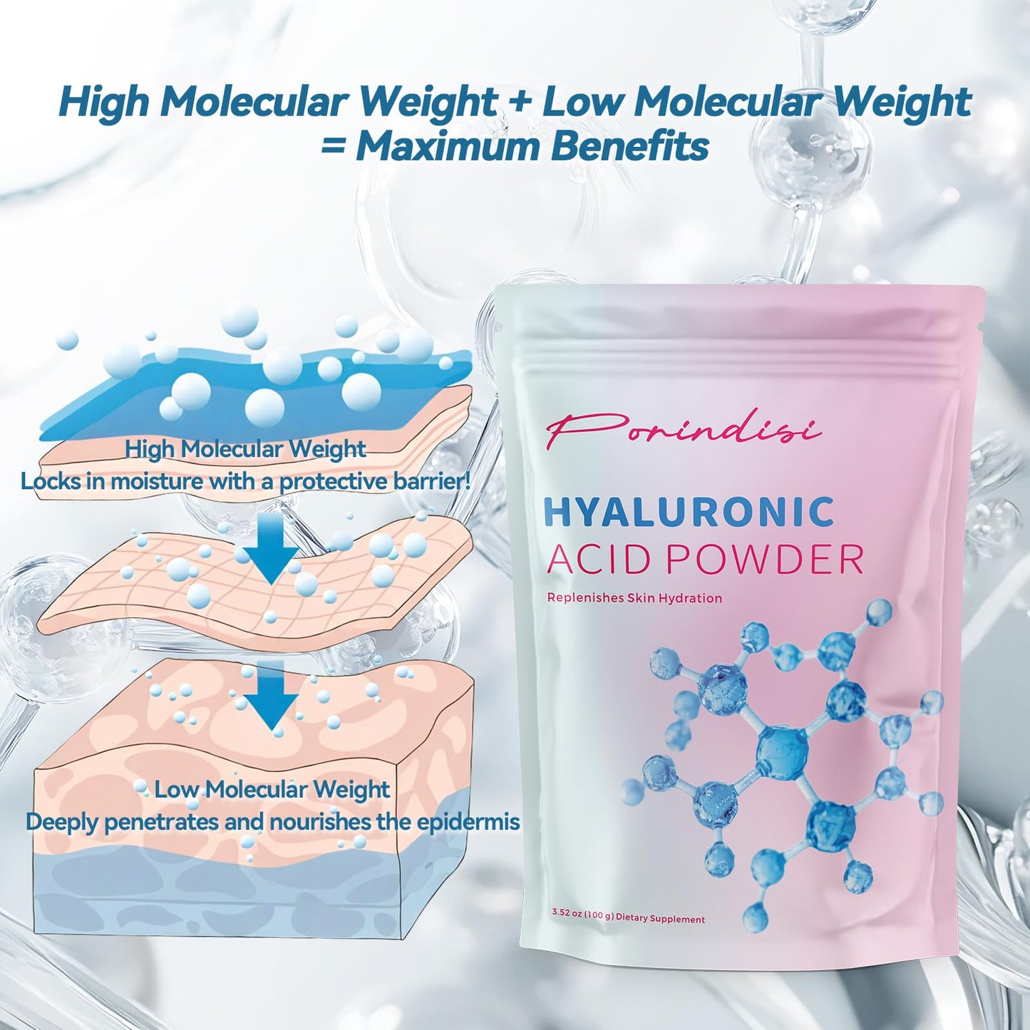 Porindisi Pure Hyaluronic Acid Powder, 3.52 oz
