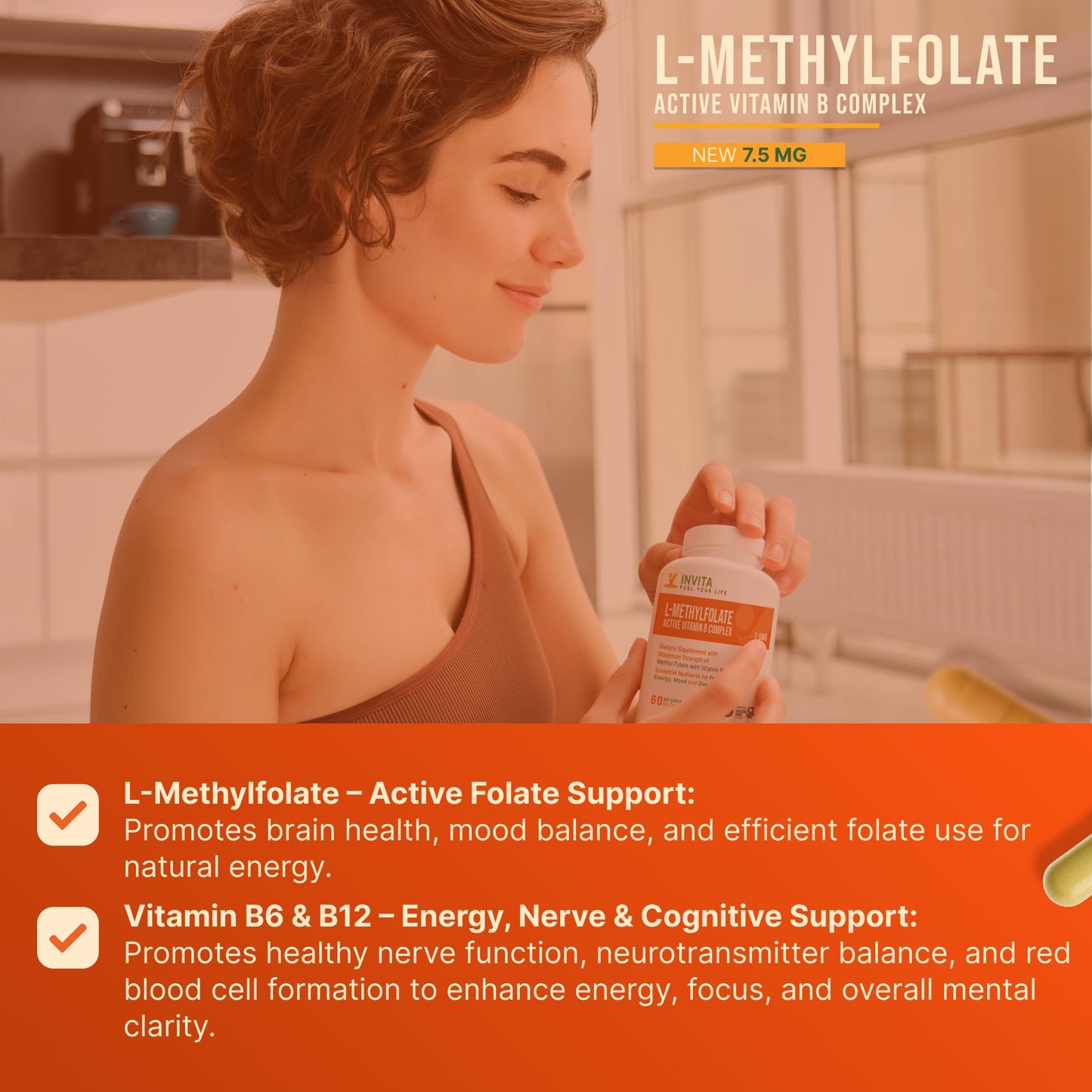 INVITA L-Methylfolate 7.5mg + Active Vitamin B Complex – 60 Capsules