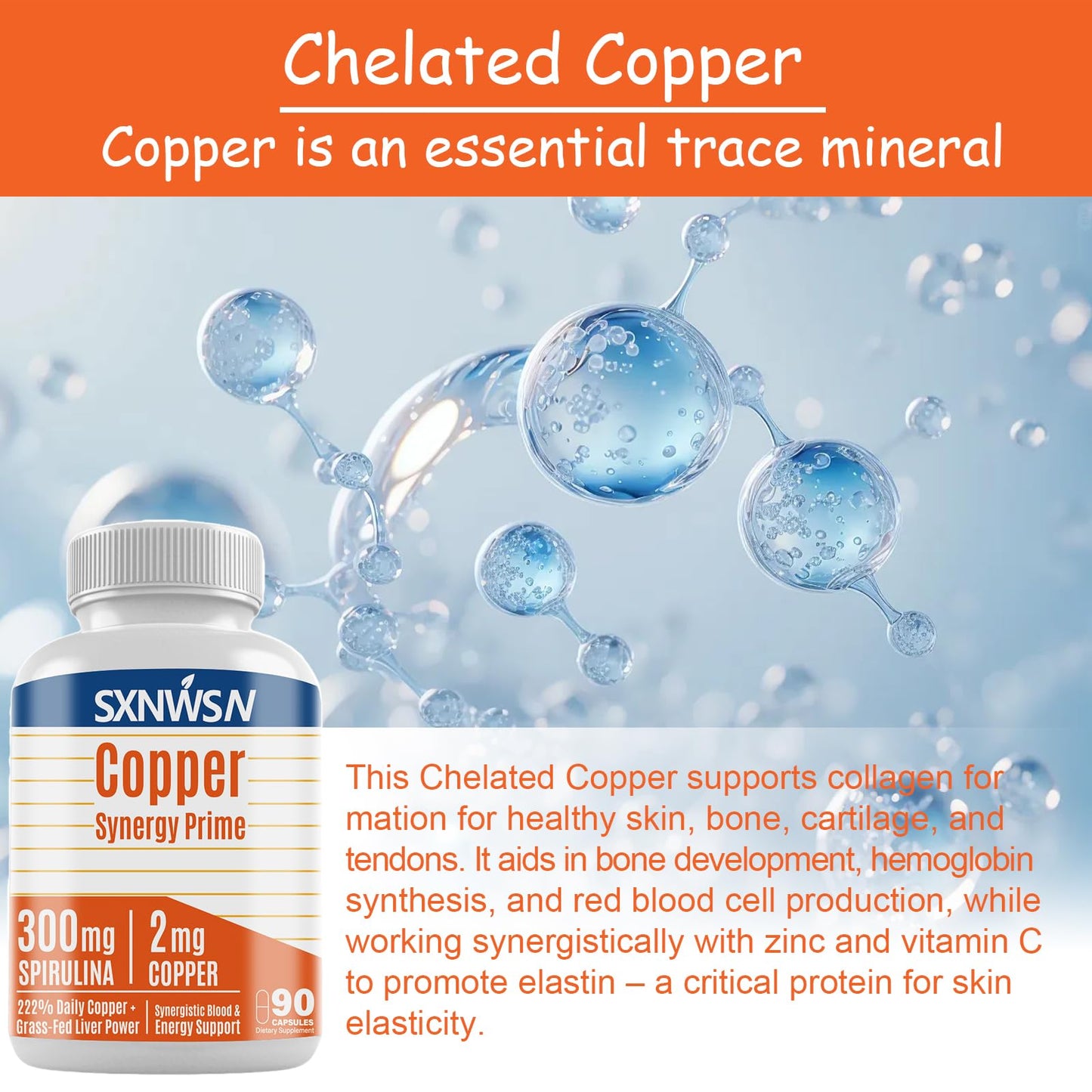 SXNWSN Copper Synergy Prime 5-in-1 Copper Supplements with Beef Liver & Spirulina - Boosts Energy Nourishes Body & Antioxidant 90 Capsules