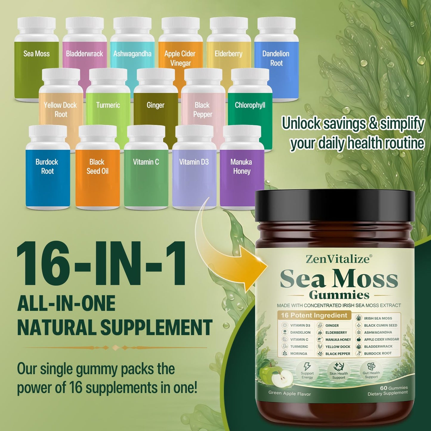 ZenVitalize Sea Moss Gummies 16-in-1 Gummy, 60 Count