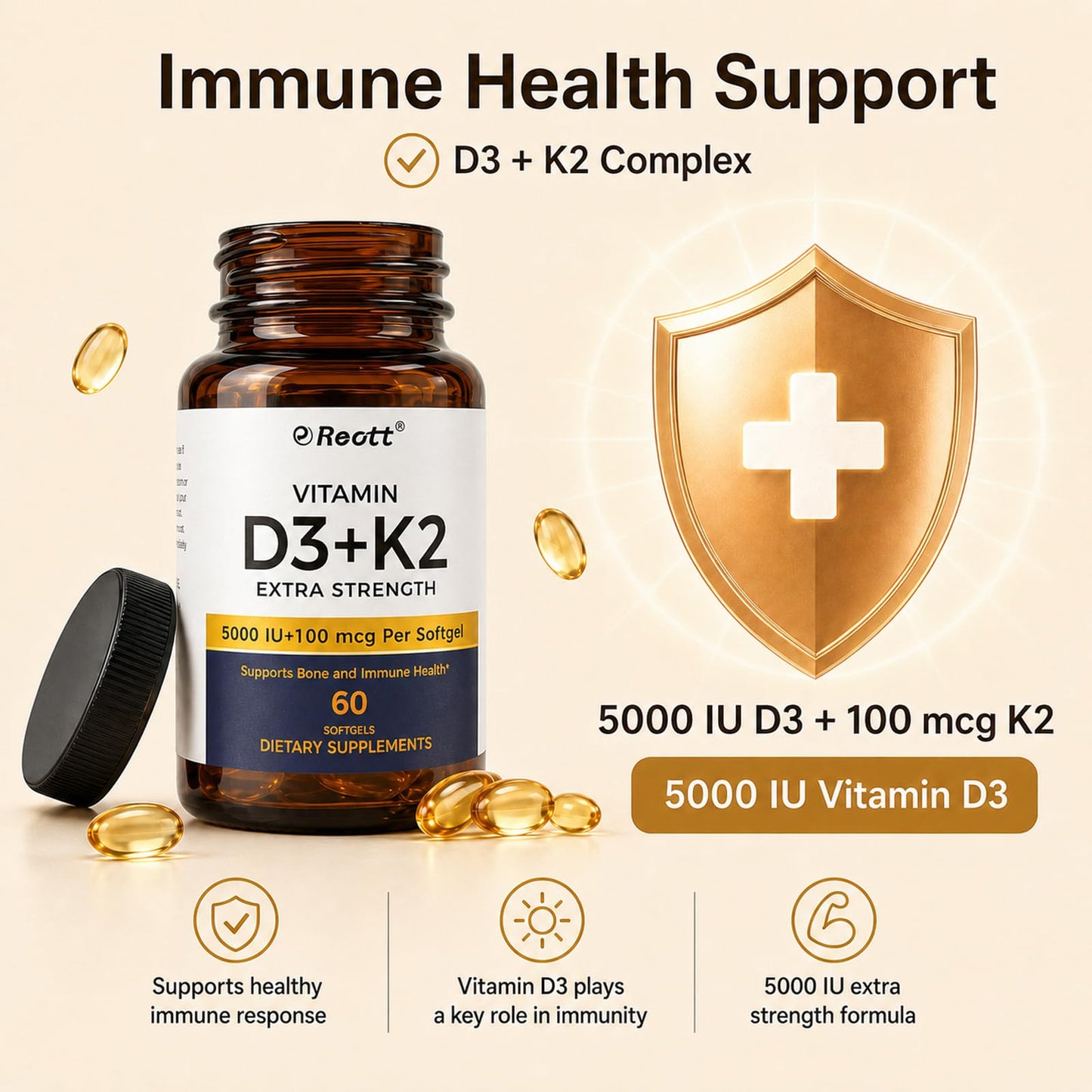 REOTT Vitamin D3 & K2 Supplement Gummy 60 Count