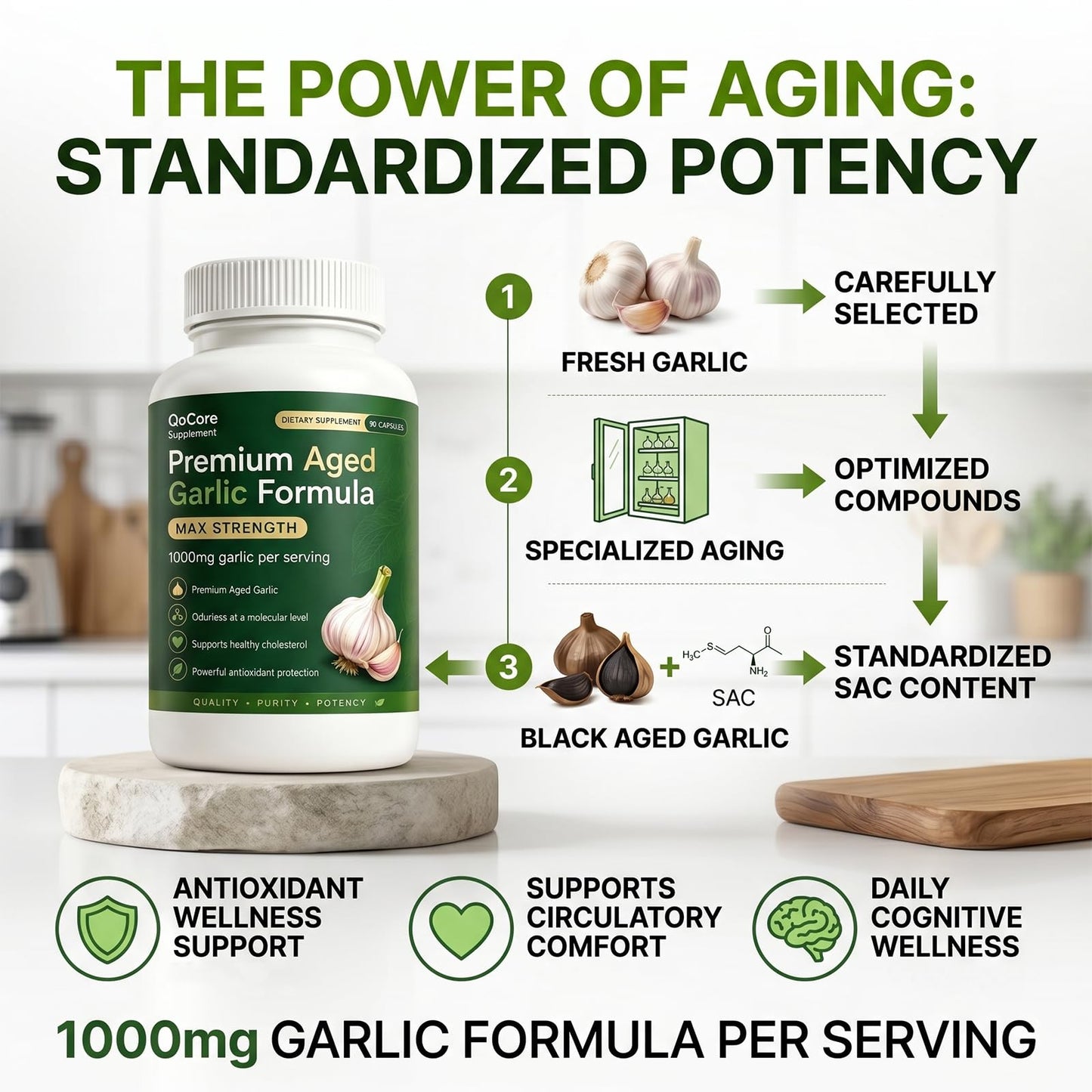 QoCore Supplement Premium Aged Black Garlic 1000mg Capsules 90
