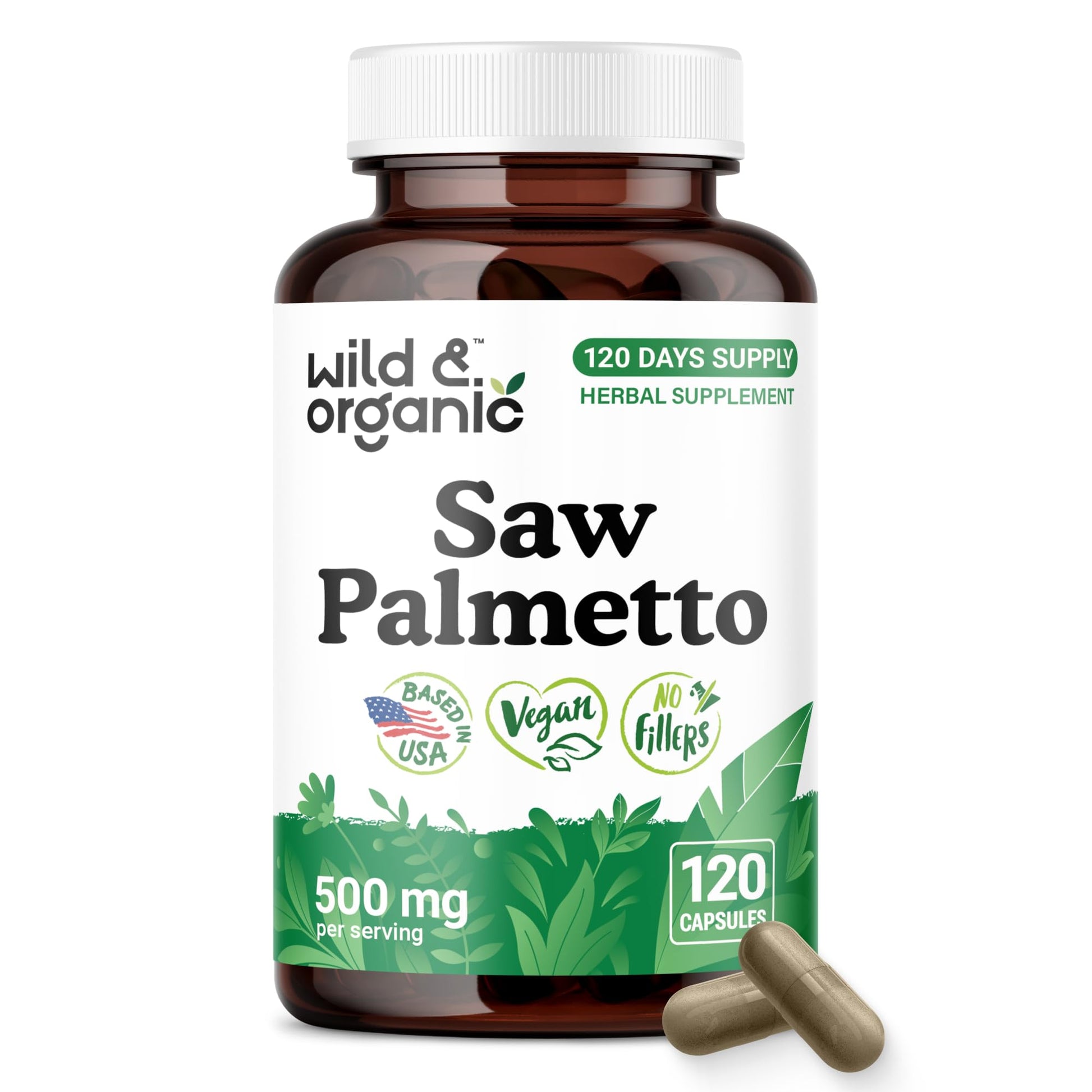 Wild & Organic Saw Palmetto Capsules 500 mg, 120 Count