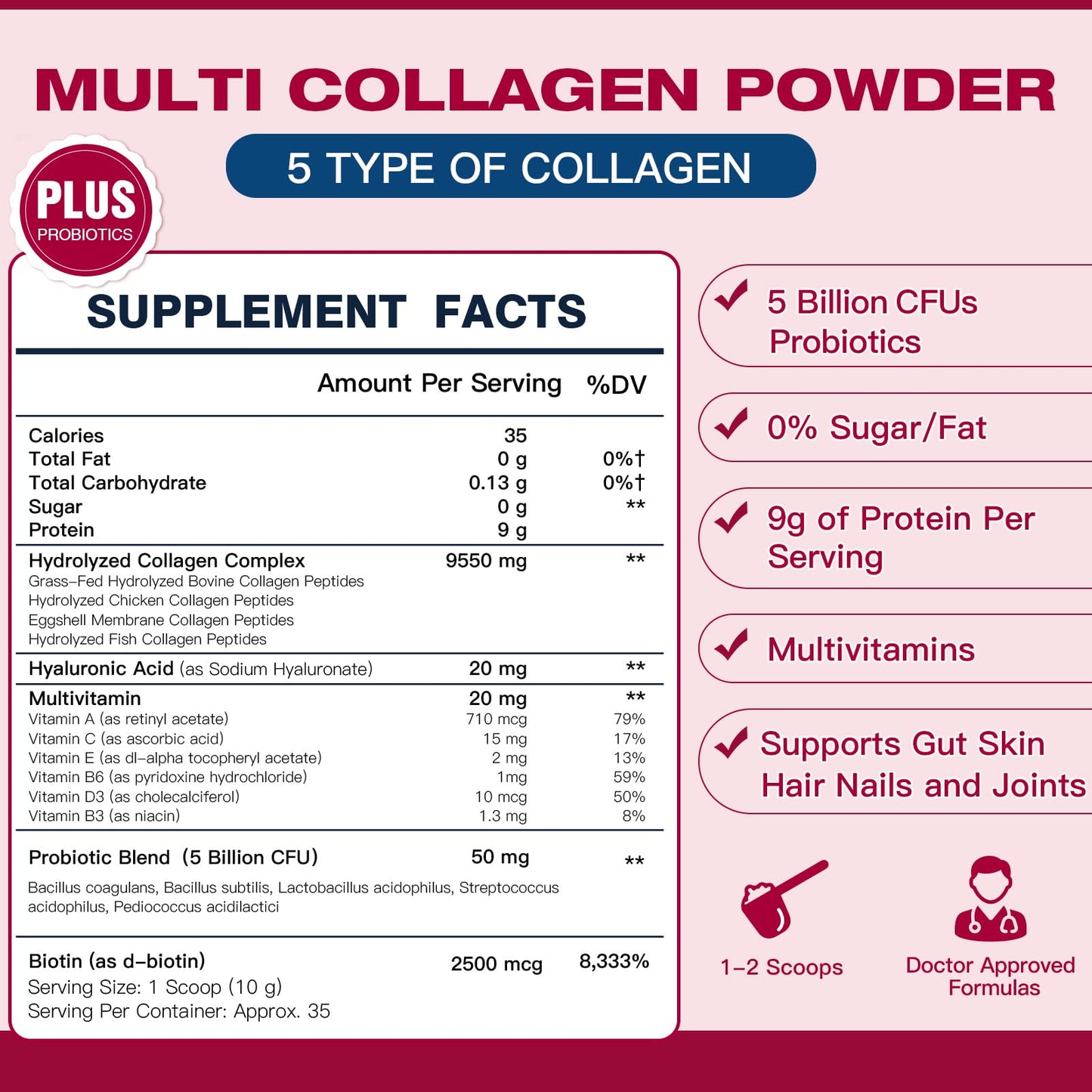 DRFOSTER Multi Collagen Peptides Powder with Probiotics - Type I II III V X - Hydrolyzed Collagen Peptides with Multivitamins, Hyaluronic Acid & Biotin - Support Skin Hair Nail Joints & Gut, 12.35 Ounce