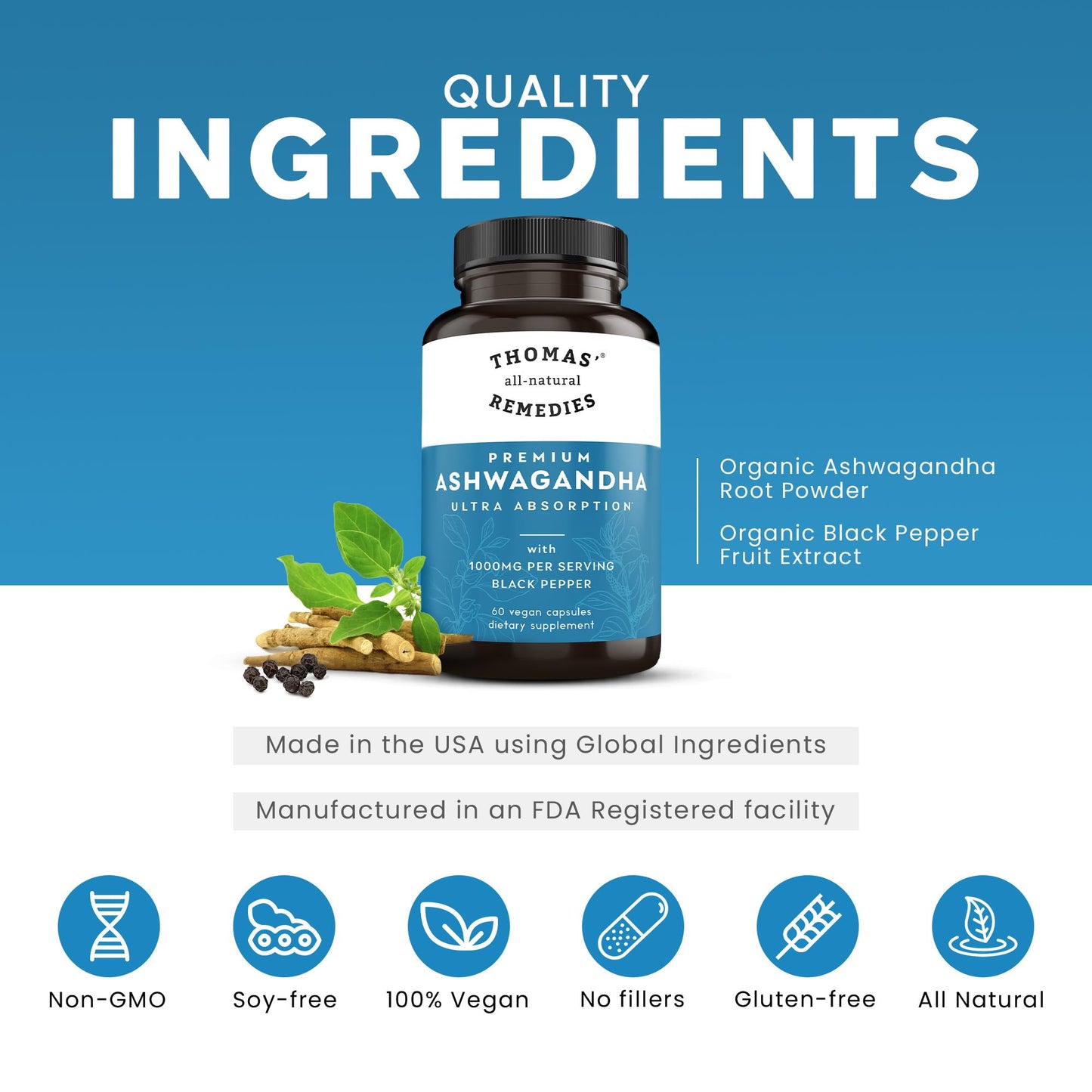 Thomas' all-natural Remedies Organic Ashwagandha Stress Support Supplement Capsule 60 Count