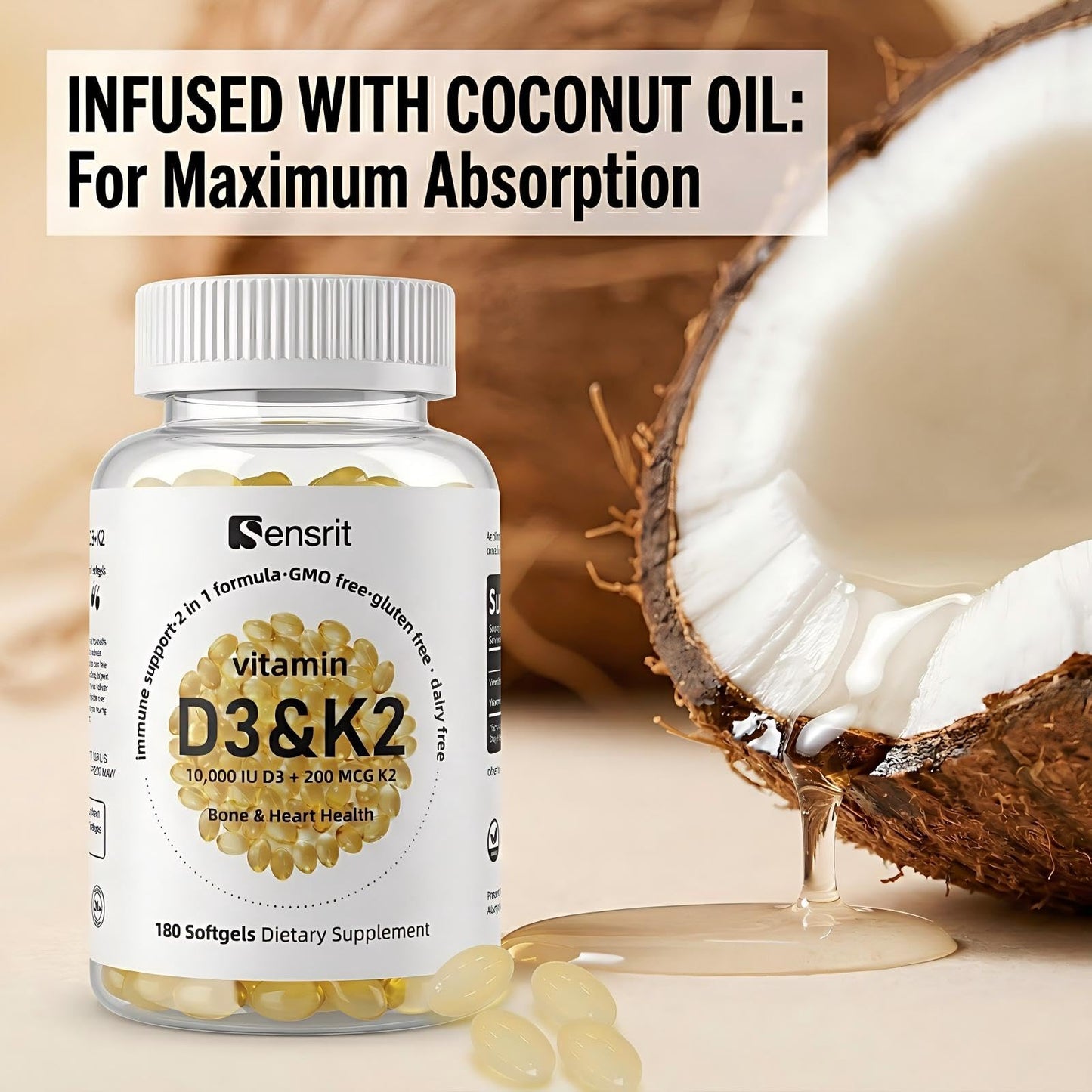 Sensrit Vitamin D3 K2 Supplement Softgels 180