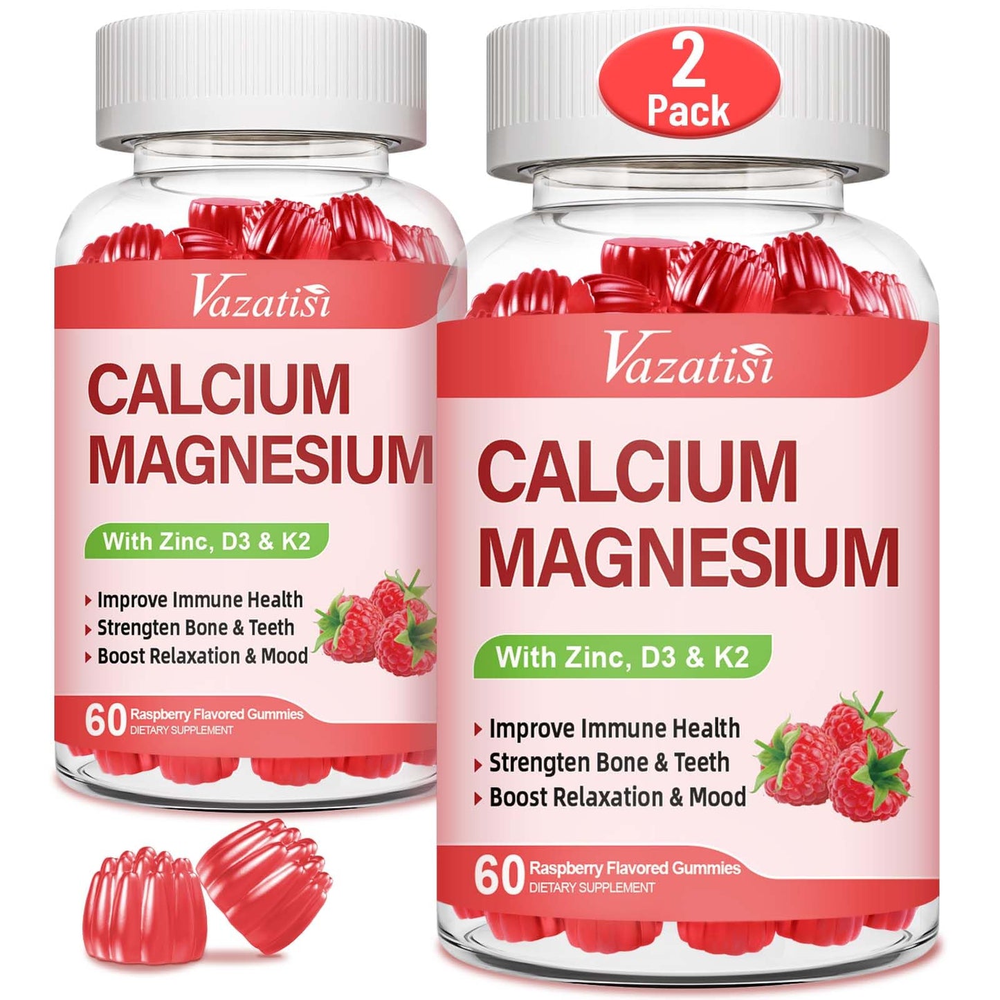 Vazatisi Calcium Magnesium Zinc Gummies with Vitamin D3 & K2, High Absorption Magnesium Glycinate, Potassium, Raspberry Flavor, 120 Gummies