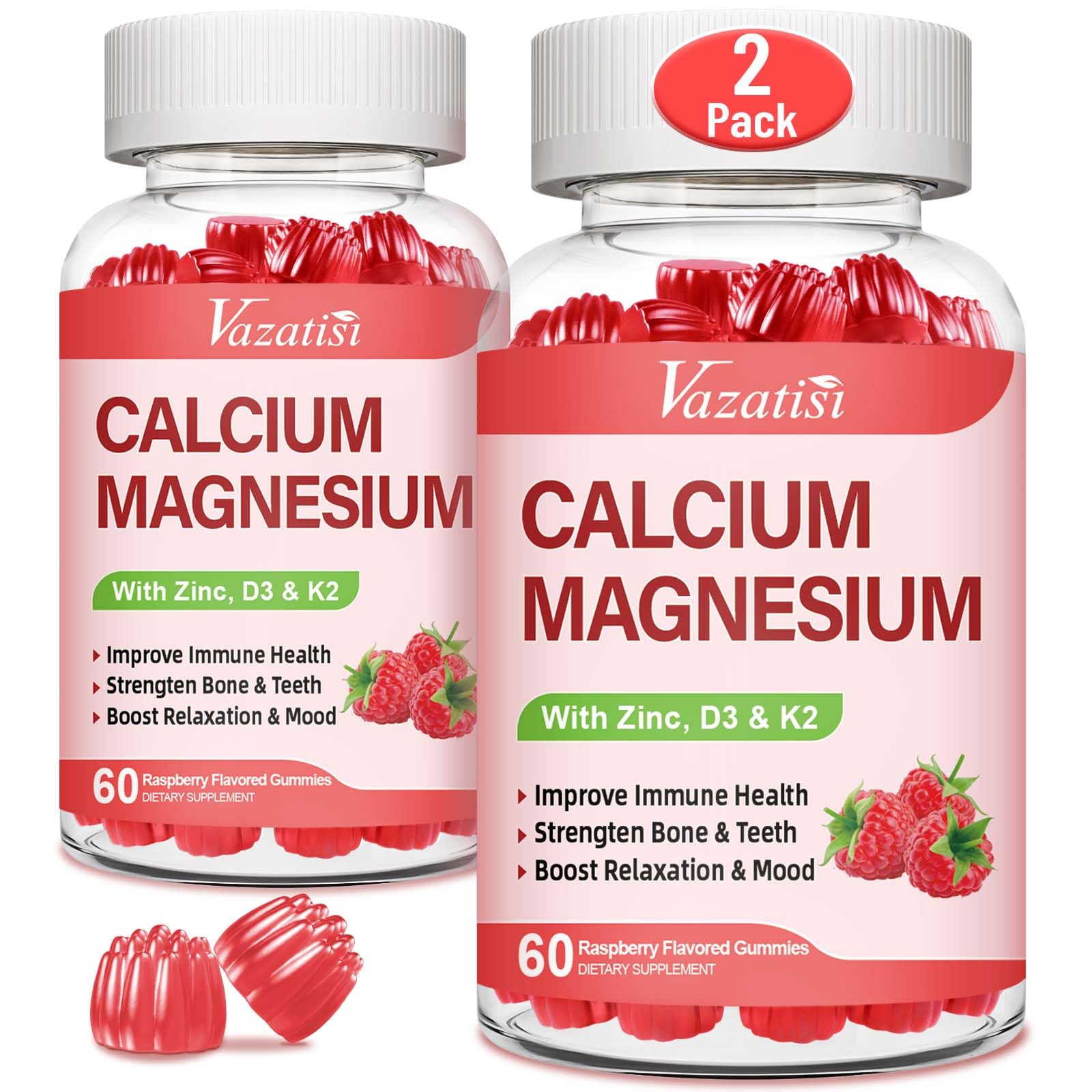 Vazatisi Calcium Magnesium Zinc Gummies with Vitamin D3 & K2, High Absorption Magnesium Glycinate, Potassium, Raspberry Flavor, 120 Gummies