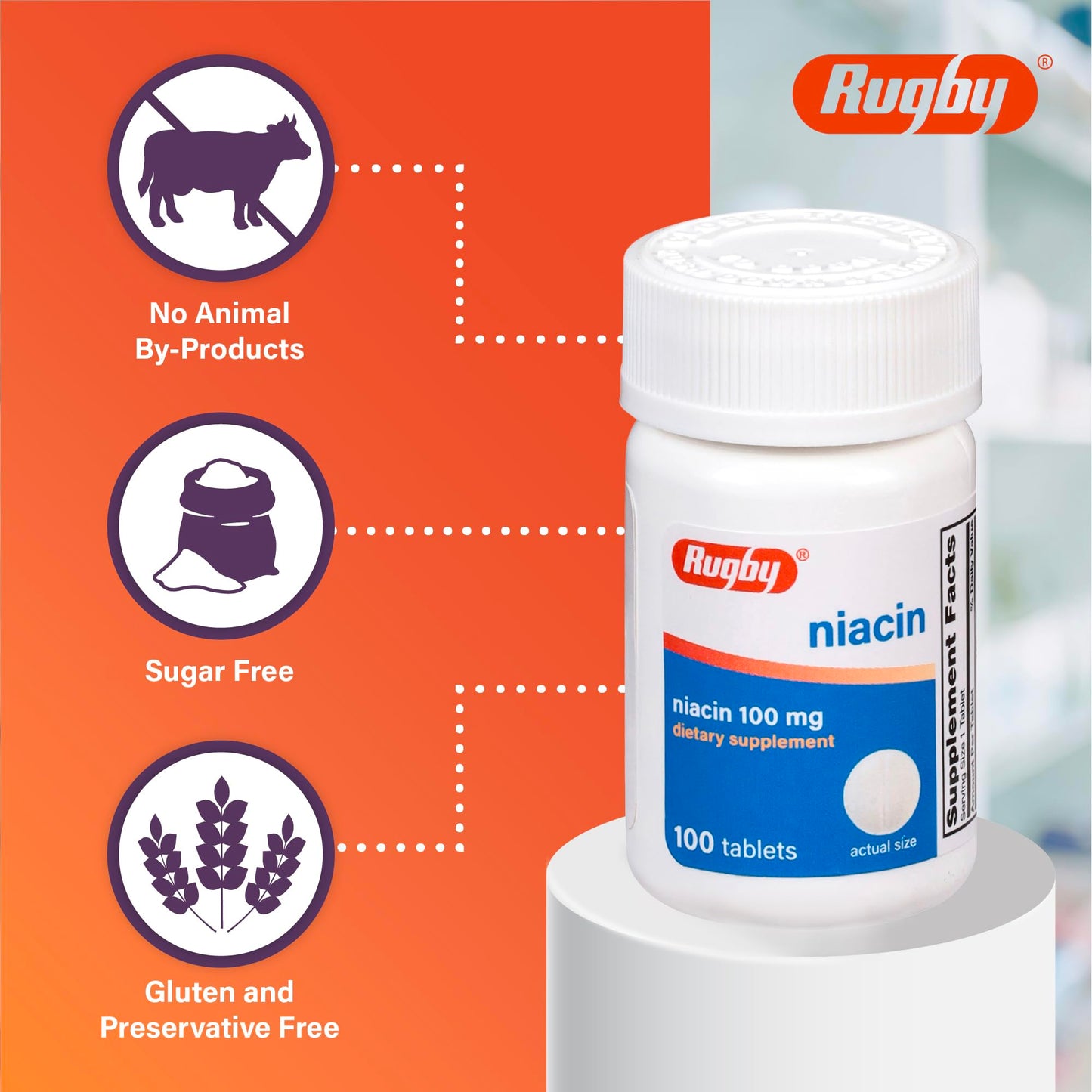 Rugby Niacin 100mg Tablet with Calcium Dietary Supplement, 100 Count