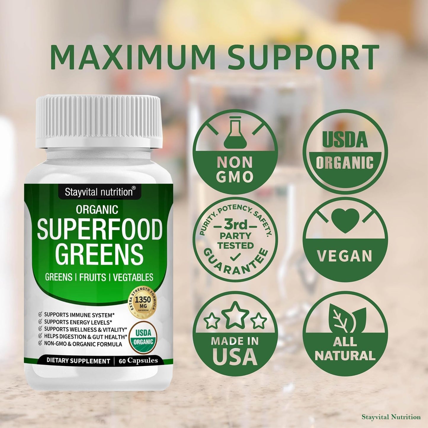 Stayvital Nutrition USDA Organic Superfood Greens – 28 Plant-Based Ingredients, Fruit & Veggie Supplement with Alfalfa, Beet Root, and Ginger, 60 Capsules