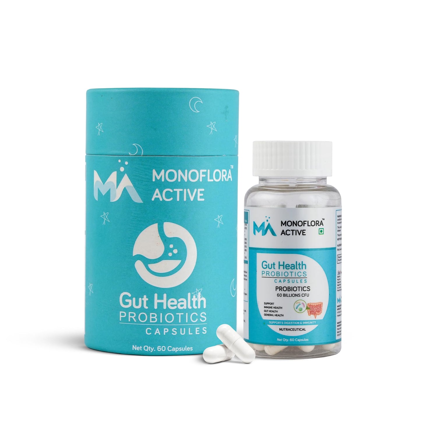 MONOFLORA ACTIVE Probiotics 60 Billion CFU for Gut Health – Prebiotics & Probiotics Supplement for Men & Women Digestive Health, Gut Cleanse, Bloating, Gas, Acidity & Constipation Support, 60 Capsules