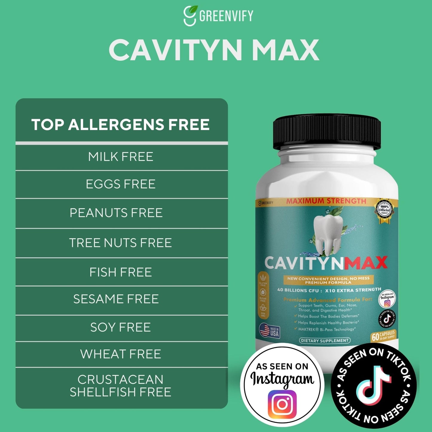 GREENVIFY Cavityn Max Probiotic Supplement Capsule, 60 Capsules