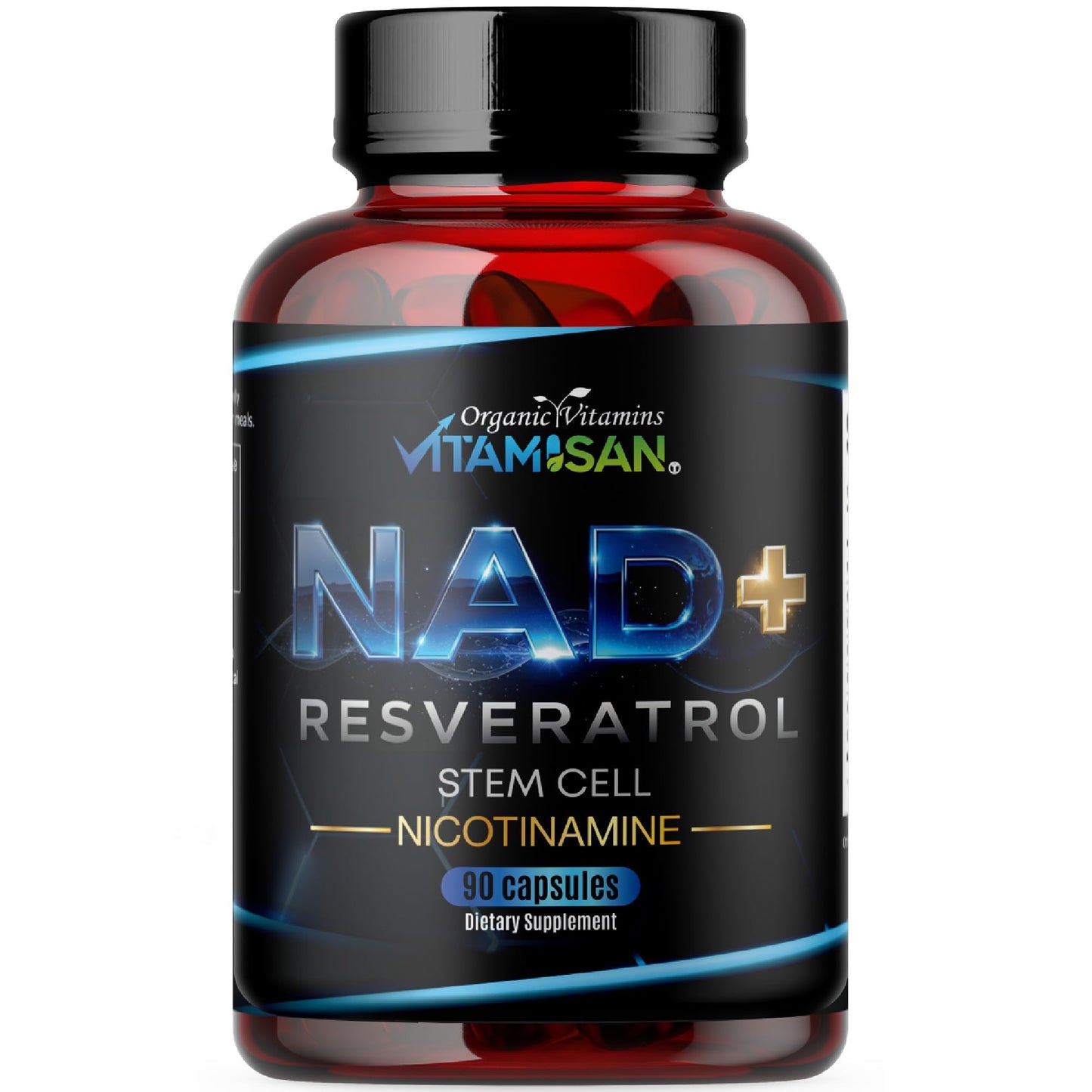 VITAMISAN NAD+ Resveratrol with NMN, NR & CoQ10 – Cellular Energy Support, Anti-Aging & Antioxidant Formula – Stem Cell & Nicotinamide Supplement – 90 Capsules