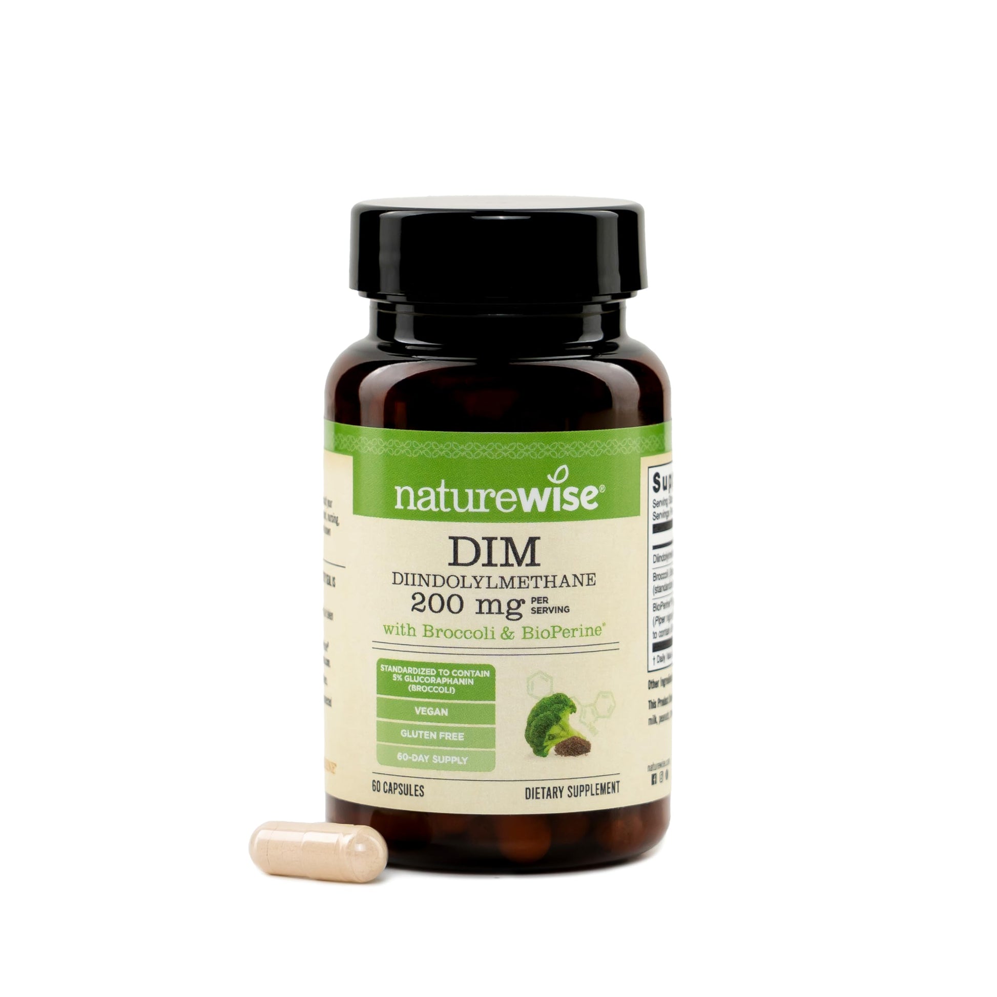 NatureWise DIM Diindolylmethane 200mg Caplets - Broccoli & BioPerine Black Pepper Extract - DIM Supplement for Women & Men - Hormone & Estrogen Support - Vegan - USA Manufactured, 60 Count