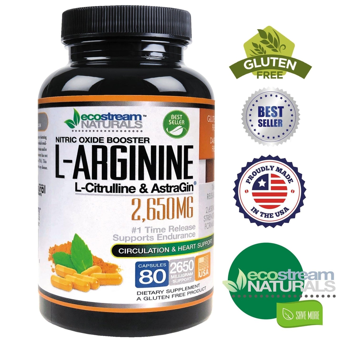 ecostream Naturals MAX 2650mg Nitric Oxide Booster L-Arginine - L-Citruline and Astragin - Time Release 2650 MAX Formula, Capsules, 160 Count