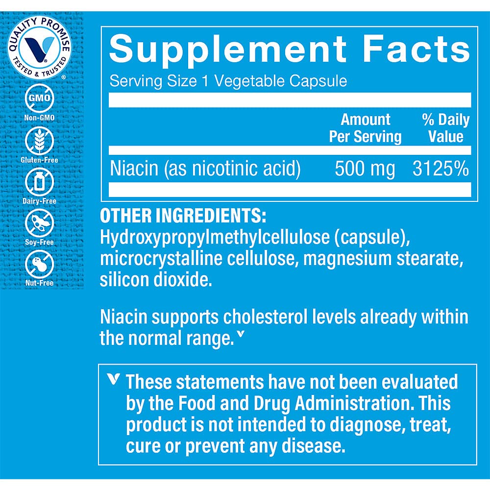 The Vitamin Shoppe Niacin Cholesterol Support 500 Vegetarian Capsules, 100 Count
