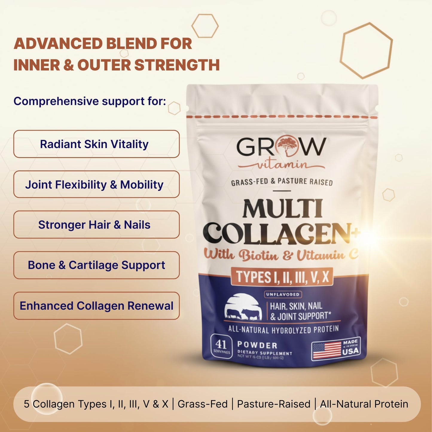 Grow Vitamin Collagen Multi Collagen Powder for Women with Types I, II, III, V & X - Keto Friendly, Hydrolyzed Collagen Peptides Powder Blend with Biotin & Vitamin C, 1 Pound