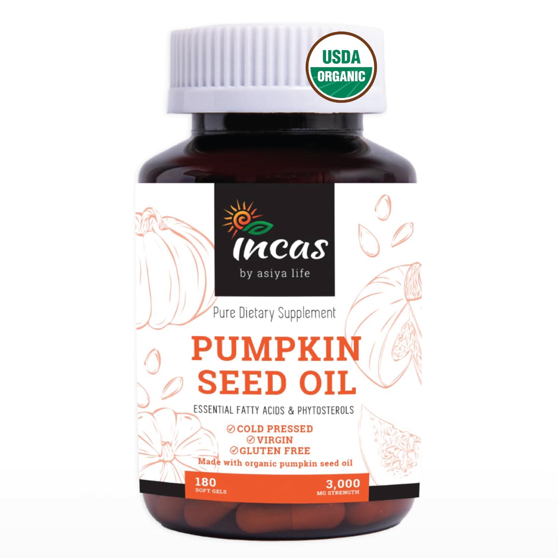 Incas by Asiya Life Organic Certified Pumpkin Seed Oil Softgels 180