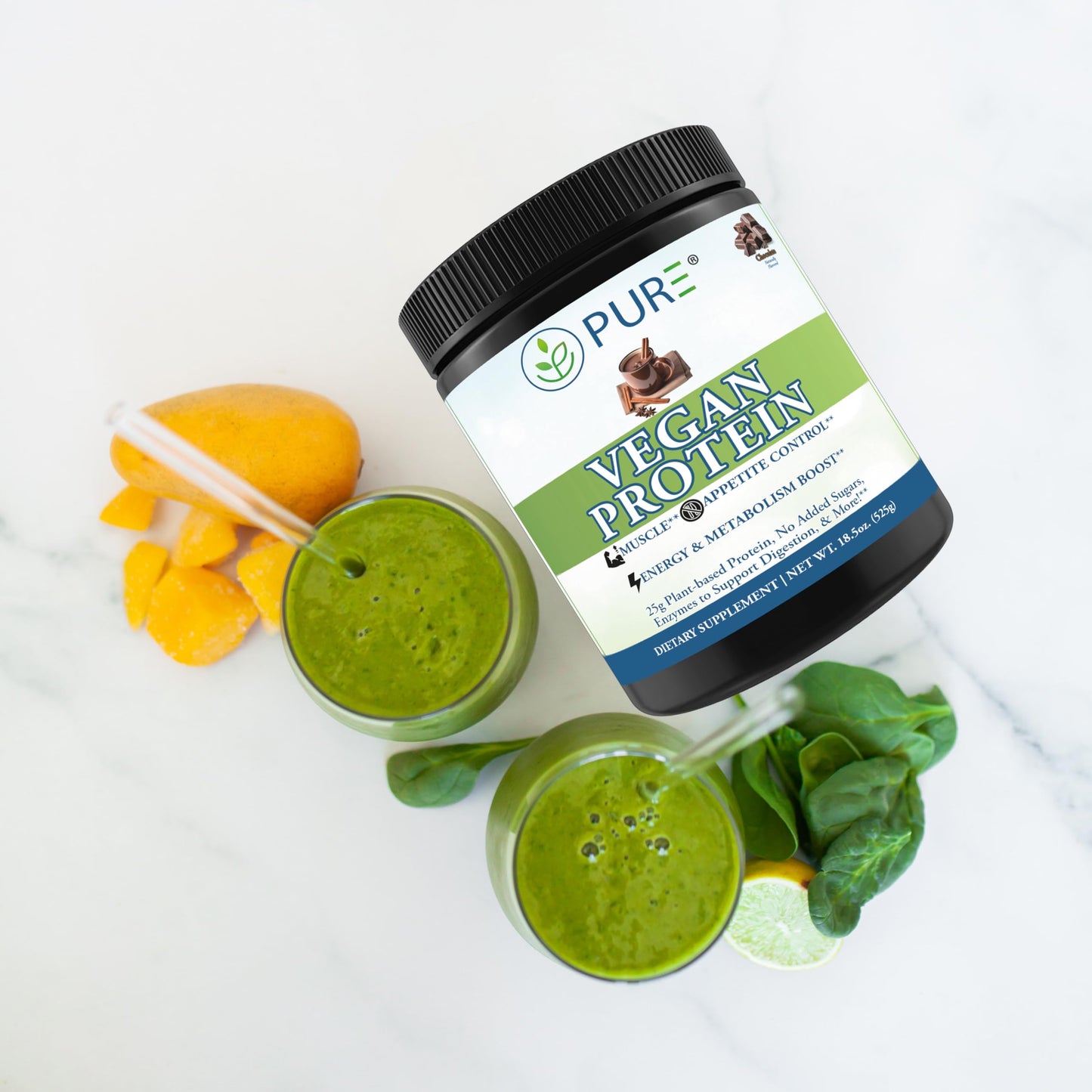 PURE Vegan Protein Powder 15 Servings Chocolate 525 g