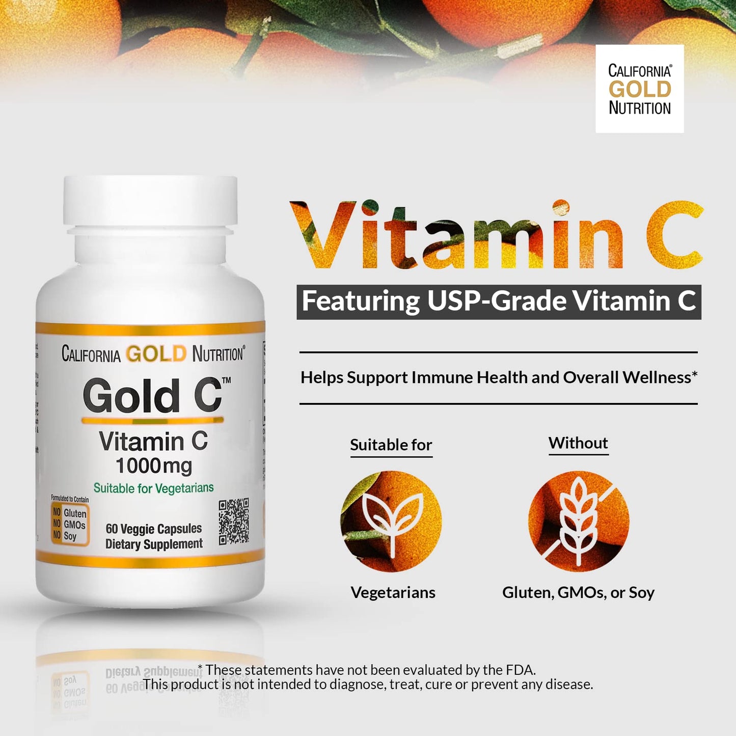 California Gold Nutrition Vitamin C 1000 mg Veggie Capsules, 60 Count