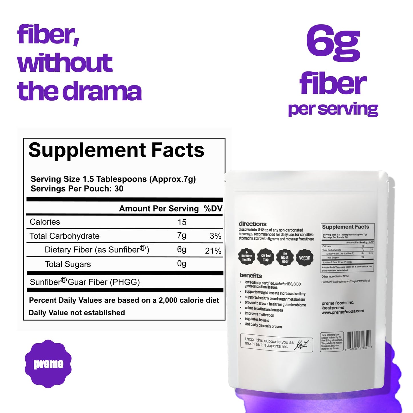 Preme Gentle Prebiotic Fiber Powder, Unflavored Low FODMAP Organic Soluble Fiber, 14.8 oz